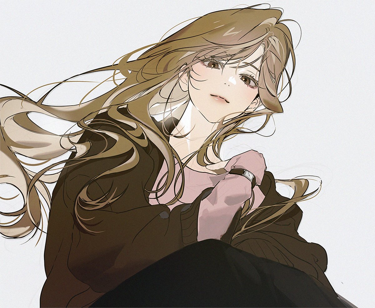 hinizana, yoo sangah, omniscient reader's viewpoint, 1girl, aegyo sal, blonde hair, brown eyes, brown jacket, hand up, jacket, jewelry, long hair, looking at viewer, pink lips, pink shirt, shirt, smile, solo, very long hair, watch, wristwatch