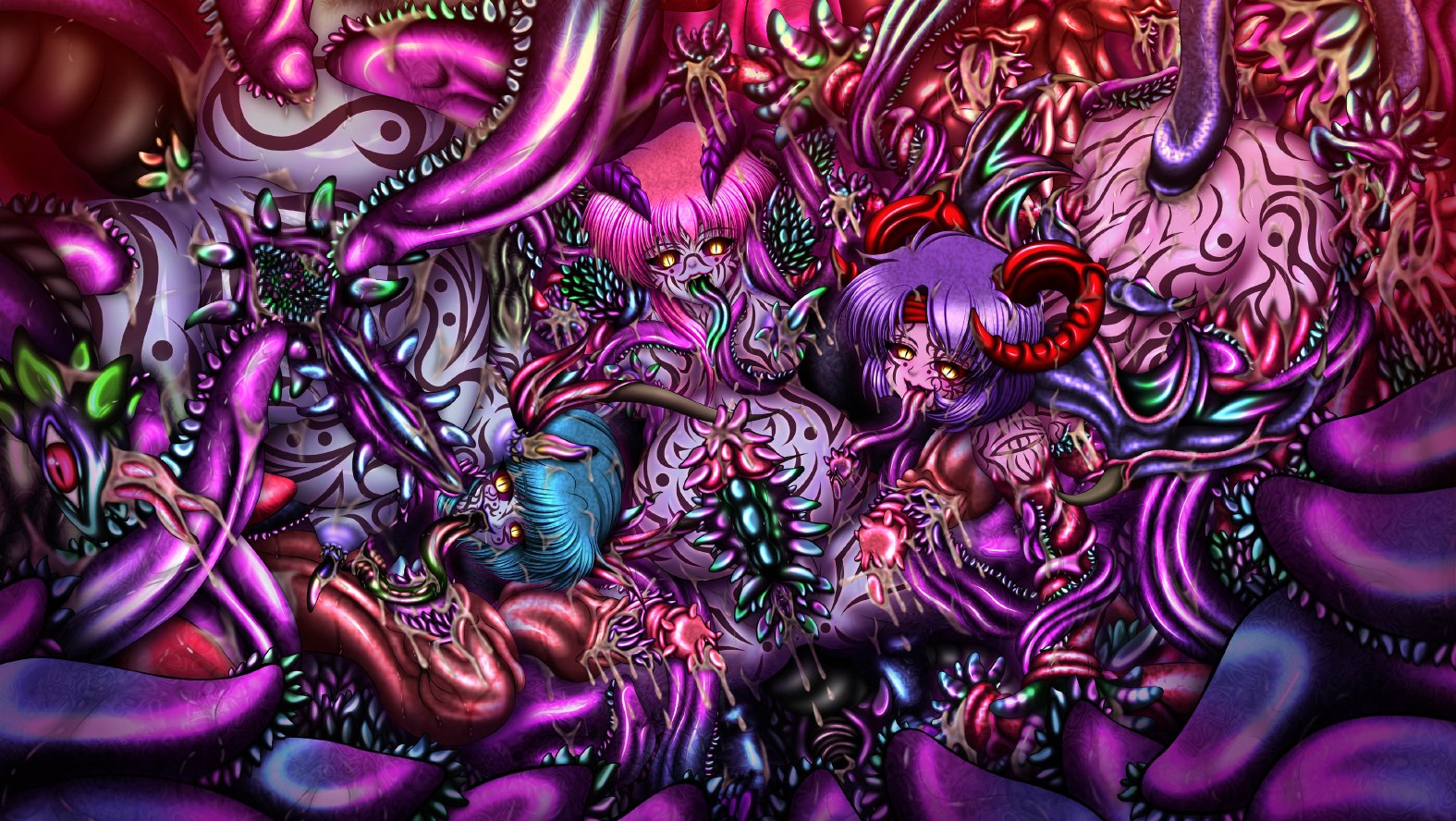 hozumi touji, character request, 3girls, anal, blue hair, blue skin, colored skin, corruption, demon girl, fangs, futanari, headband, horns, infested breasts, long tongue, lsd, monster, multiple girls, nipple penetration, nipples, nude, pink hair, pink skin, pregnant, purple hair, purple skin, tattoo, tentacle sex, tentacles, tongue, tongue out, transformation, what, yellow eyes