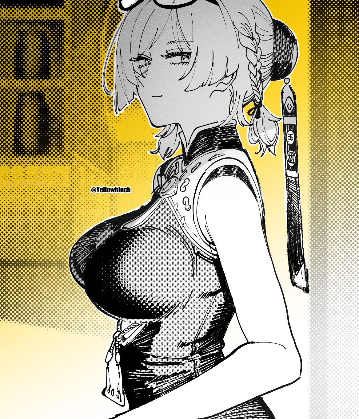 otimusyairoha, sweety (zenless zone zero), zenless zone zero, commentary request, highres, 1girl, bare shoulders, black-framed eyewear, black dress, breasts, china dress, chinese clothes, closed mouth, clothing cutout, cutout above navel, dotted background, dress, eyewear on head, from side, greyscale with colored background, half-closed eyes, large breasts, light smile, looking at viewer, solo, sunglasses, tinted eyewear, twitter username, underboob cutout, upper body, yellow background