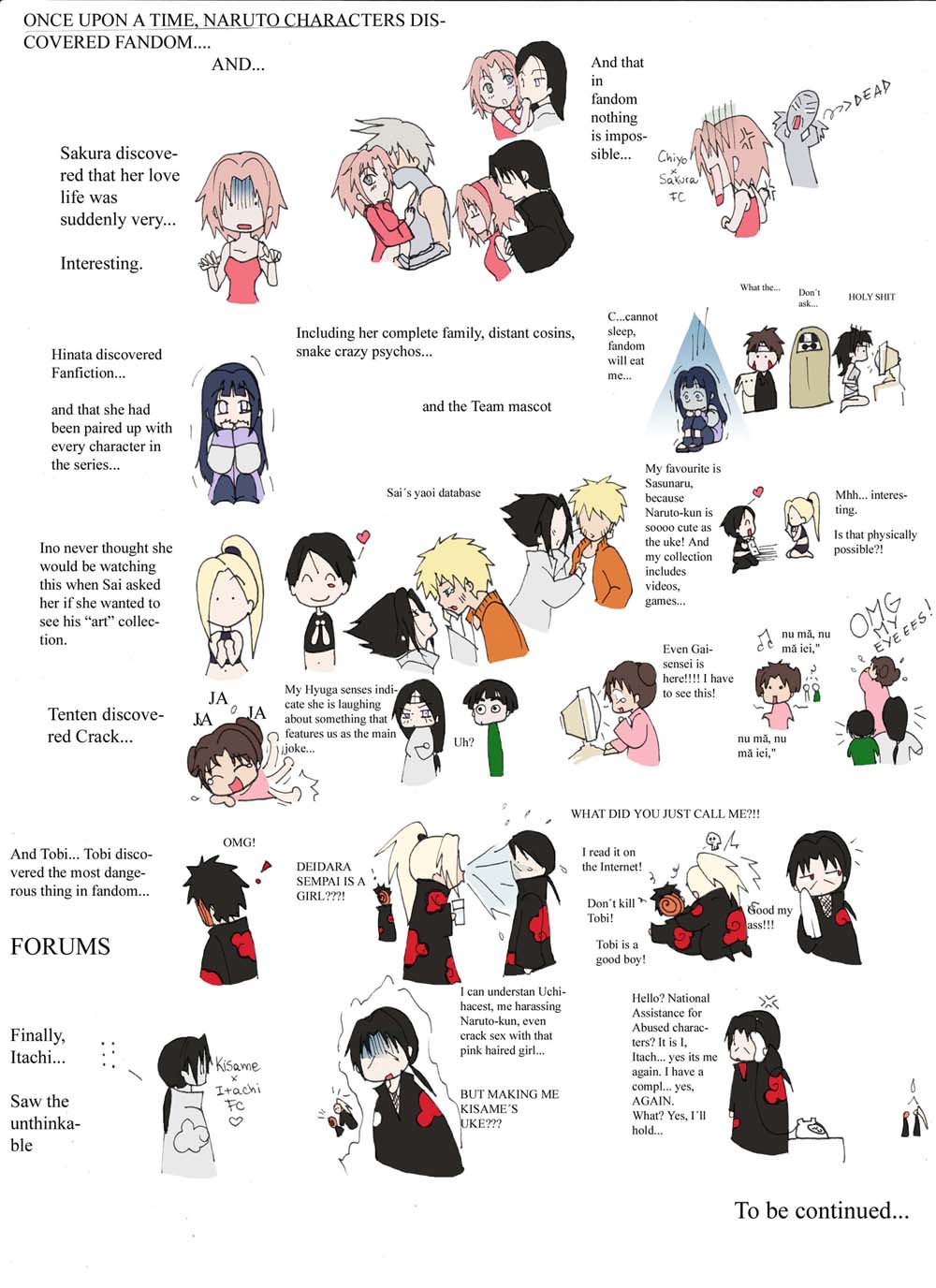 gabzillaz, aburame shino, deidara, haruno sakura, hatake kakashi, hyuuga hinata, hyuuga neji, inuzuka kiba, rock lee, sai, tenten (naruto), tobi (naruto), uchiha itachi, uzumaki naruto, yamanaka ino, yuuhi kurenai, naruto (series), naruto shippuuden, naruto, highres, akatsuki (naruto), black hair, blonde hair, cloak, comic, crack, incest, laughing, mask, pairings, phone, uchihacest