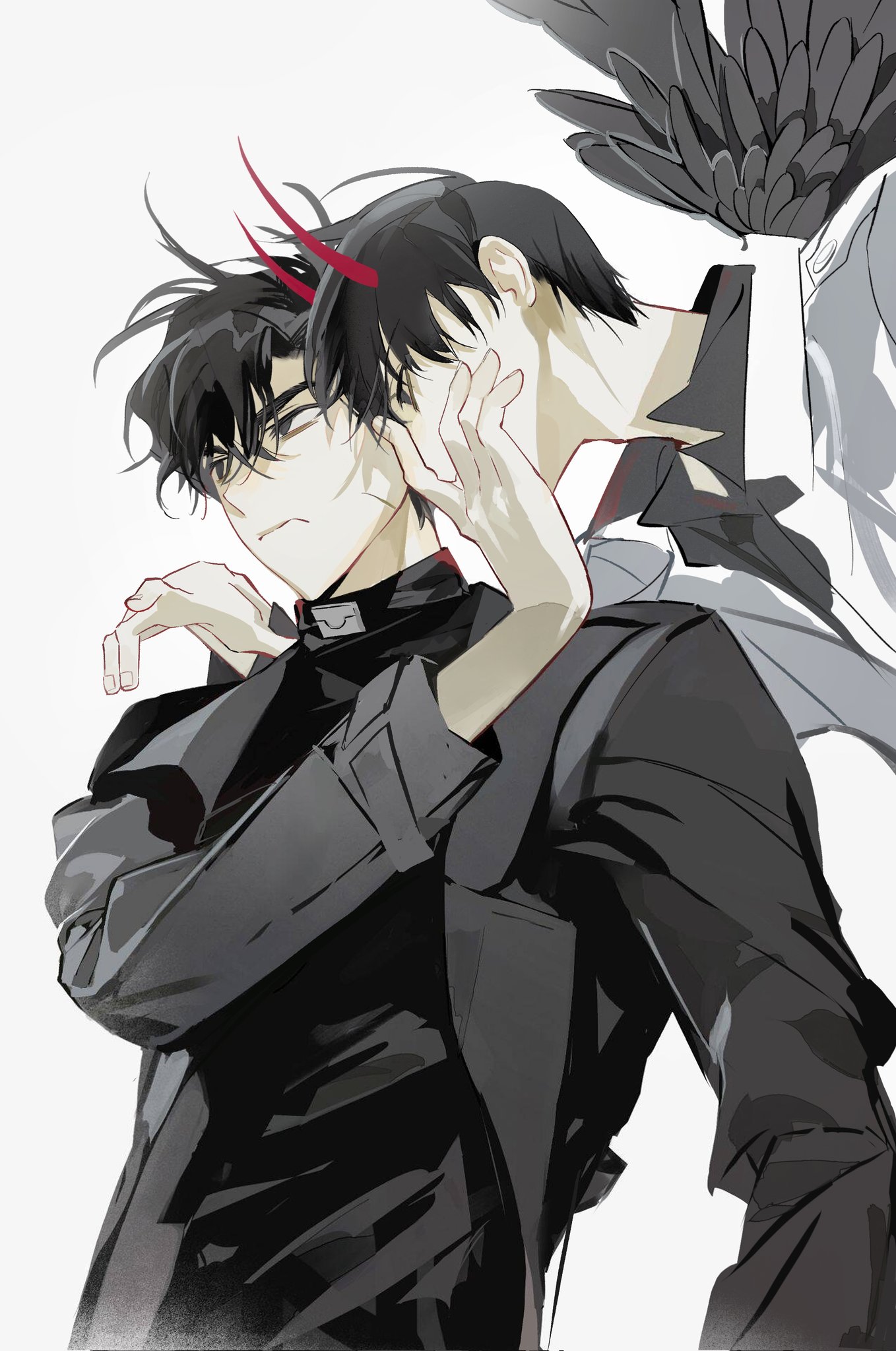 senbe81, kim dokja, yoo joonghyuk, omniscient reader's viewpoint, hashtag-only commentary, highres, 2boys, black coat, black eyes, black hair, black shirt, black wings, coat, collared shirt, demon horns, feathered wings, floating, frown, hand on another's shoulder, horns, looking at another, male focus, multiple boys, pushing away, shirt, short hair, whispering in ear, white coat, wings