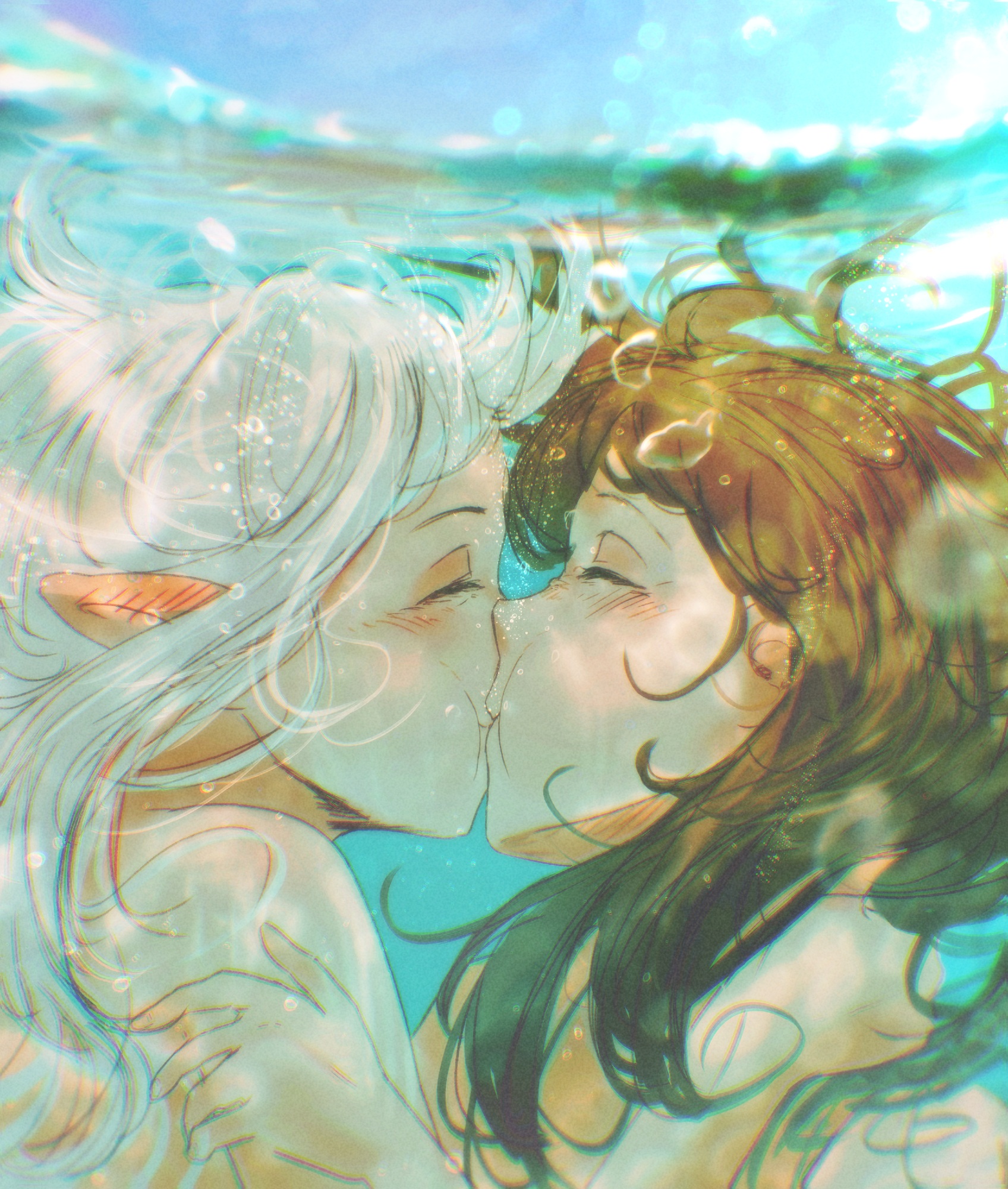 spindle (aidenr0), asimov (spindle (aidenr0)), ottilie (spindle (aidenr0)), original, commentary, english commentary, highres, blush, brown hair, bubble, closed eyes, ear blush, kiss, nude, pointy ears, underwater, white hair, yuri
