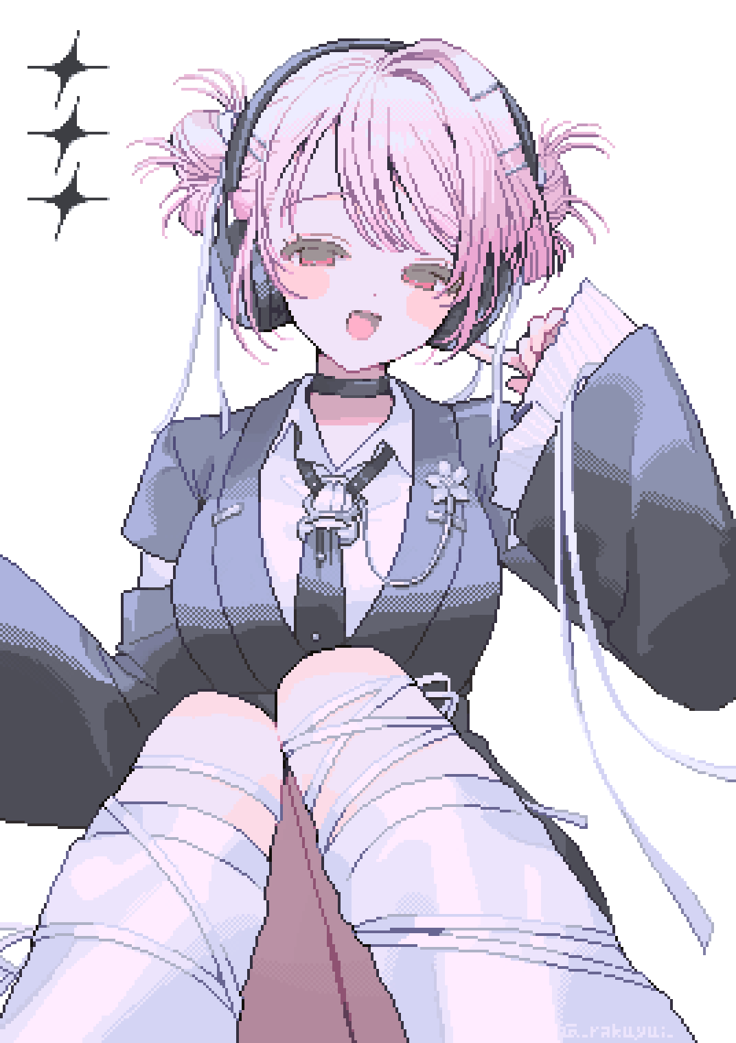 rakuyui, shiina yuika, shiina yuika (14th costume), nijisanji, highres, 1girl, black jacket, black necktie, blazer, blush stickers, buckle, choker, collared shirt, dithering, double bun, dress shirt, flower pin, frilled sleeves, frills, hair bun, hair ornament, hair ribbon, hairclip, half-closed eyes, head tilt, headphones, jacket, kneehighs, leg ribbon, long sleeves, looking at viewer, necktie, pink eyes, pink hair, pixel art, pleated sleeves, raised eyebrows, ribbon, shirt, sidelocks, single hair intake, sitting, sleeves past wrists, smile, socks, solo, star (symbol), virtual youtuber, white background, white ribbon, white shirt, white socks