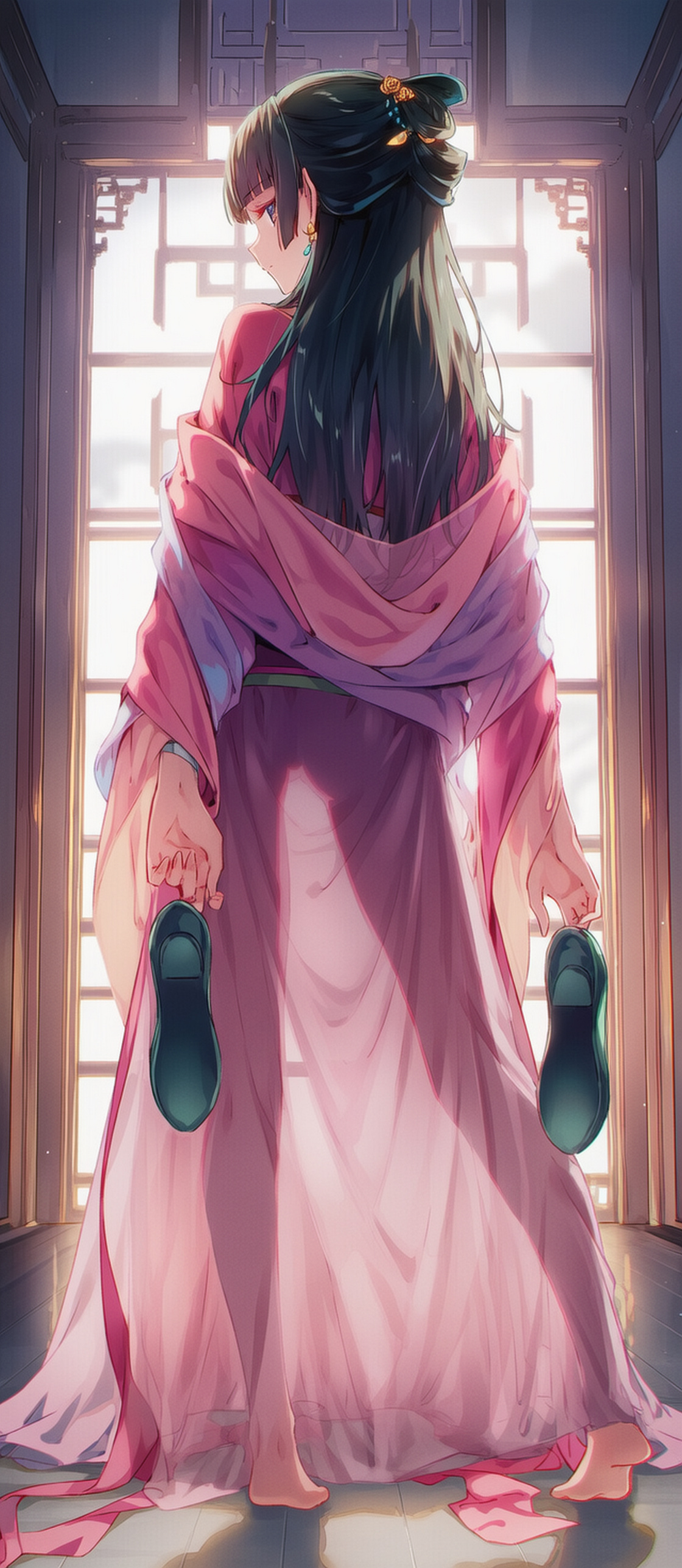 raaivault, maomao (kusuriya no hitorigoto), kusuriya no hitorigoto, highres, 1girl, aoqun, bandages, bare legs, barefoot, black shoes, blue eyes, blunt bangs, closed mouth, dress, earrings, feet, female focus, green hair, hair bun, hair ornament, hanfu, holding, holding shoes, holding unworn clothes, jewelry, long hair, long sleeves, looking at viewer, looking back, pestle, pink dress, pink skirt, see-through clothes, see-through dress, see-through skirt, see-through sleeves, sexually suggestive, shoes, single hair bun, skirt, solo, solo focus, unworn shoes