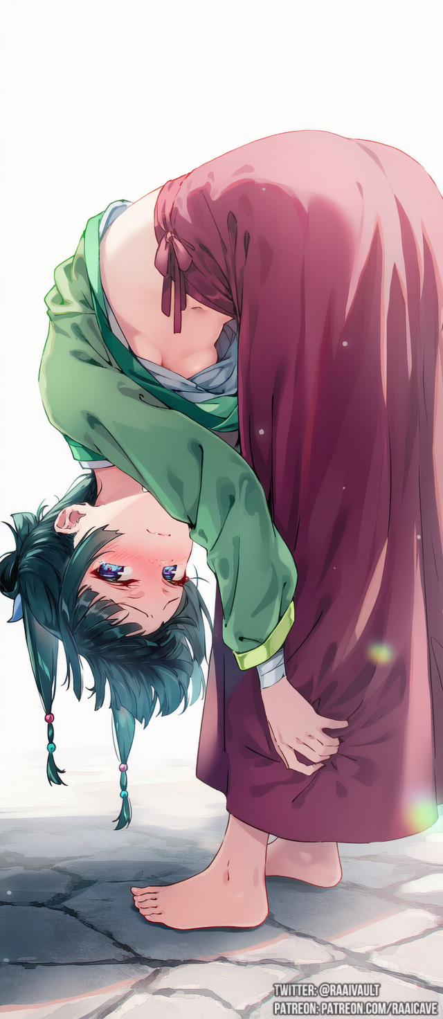 raaivault, maomao (kusuriya no hitorigoto), kusuriya no hitorigoto, highres, 1girl, aoqun, ass, bandaged arm, bandages, barefoot, beads, blue eyes, blunt bangs, blush, breasts, chinese clothes, closed mouth, embarrassed, feet, female focus, freckles, green hair, hair beads, hair ornament, hanfu, long hair, long skirt, long sleeves, looking at viewer, medium breasts, midriff, multi-tied hair, navel, no bra, pestle, red skirt, sexually suggestive, skirt, solo, solo focus, stomach