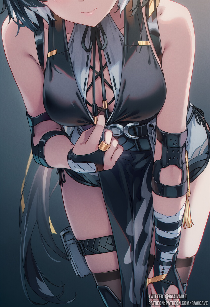 raaivault, female rover (wuthering waves), rover (wuthering waves), wuthering waves, highres, 1girl, bandaged arm, bandages, black gloves, black hair, black pelvic curtain, black shorts, black socks, black thighhighs, boots, breasts, cleavage, closed mouth, collarbone, colored inner hair, dot nose, elbow gloves, female focus, gloves, large breasts, legs, looking at viewer, medium hair, multicolored hair, no bra, pelvic curtain, sexually suggestive, short shorts, shorts, side-tie shorts, sleeveless, smile, socks, solo, solo focus, tacet mark (wuthering waves), thigh boots, thigh strap, thighhighs, thighs, two-tone hair, white hair