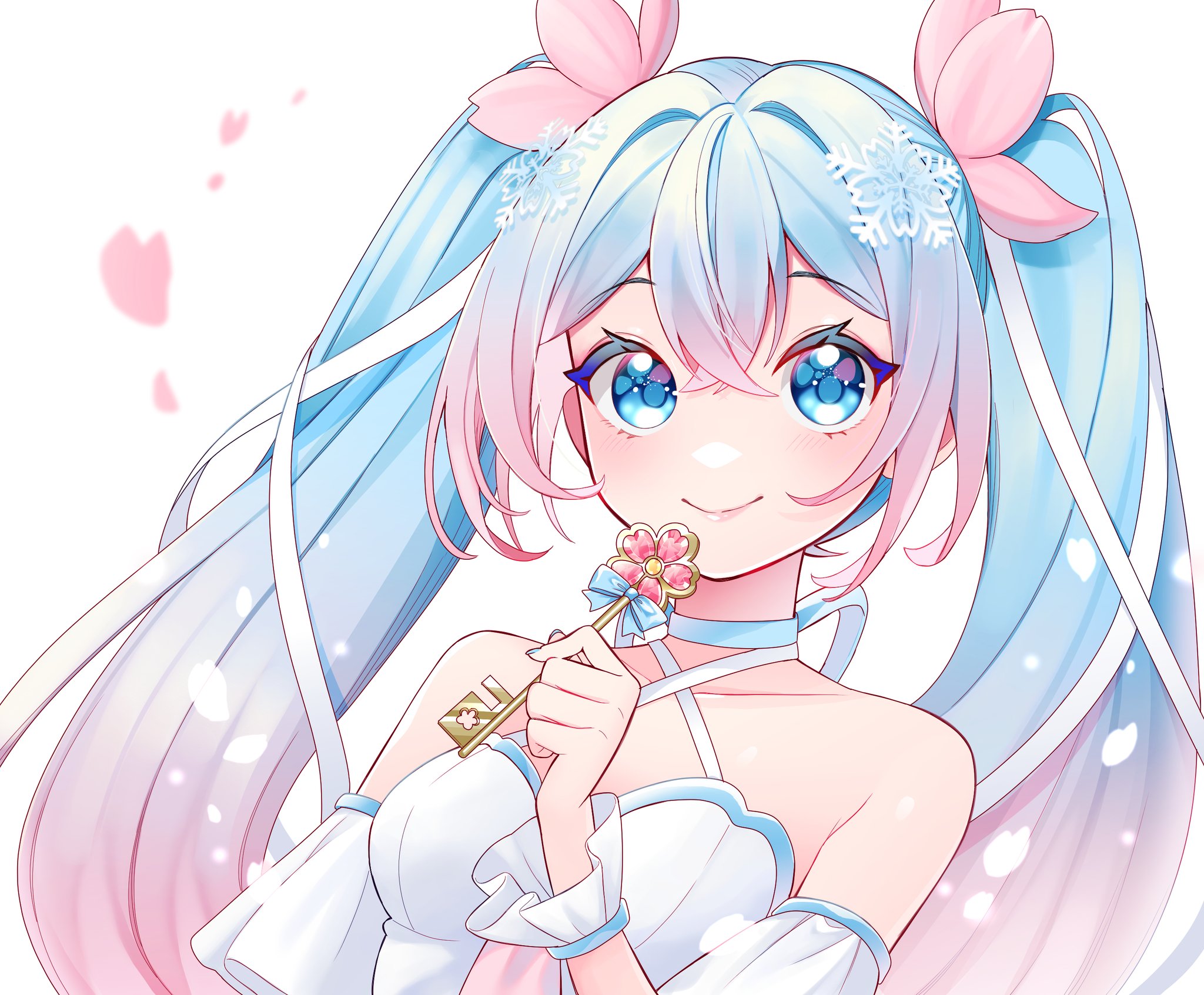 masumofu, hatsune miku, vocaloid, highres, 1girl, aqua eyes, aqua hair, breasts, choker, closed mouth, dress, gradient hair, hair between eyes, hair ornament, hair ribbon, long hair, medium breasts, multicolored hair, pink hair, ribbon, simple background, smile, solo, strapless, strapless dress, twintails, upper body, very long hair, white background, white choker