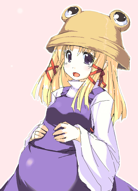 kaneru, moriya suwako, touhou, bad id, bad pixiv id, 1girl, blonde hair, female focus, hair ribbon, hat, oekaki, open mouth, pregnant, purple eyes, ribbon, solo