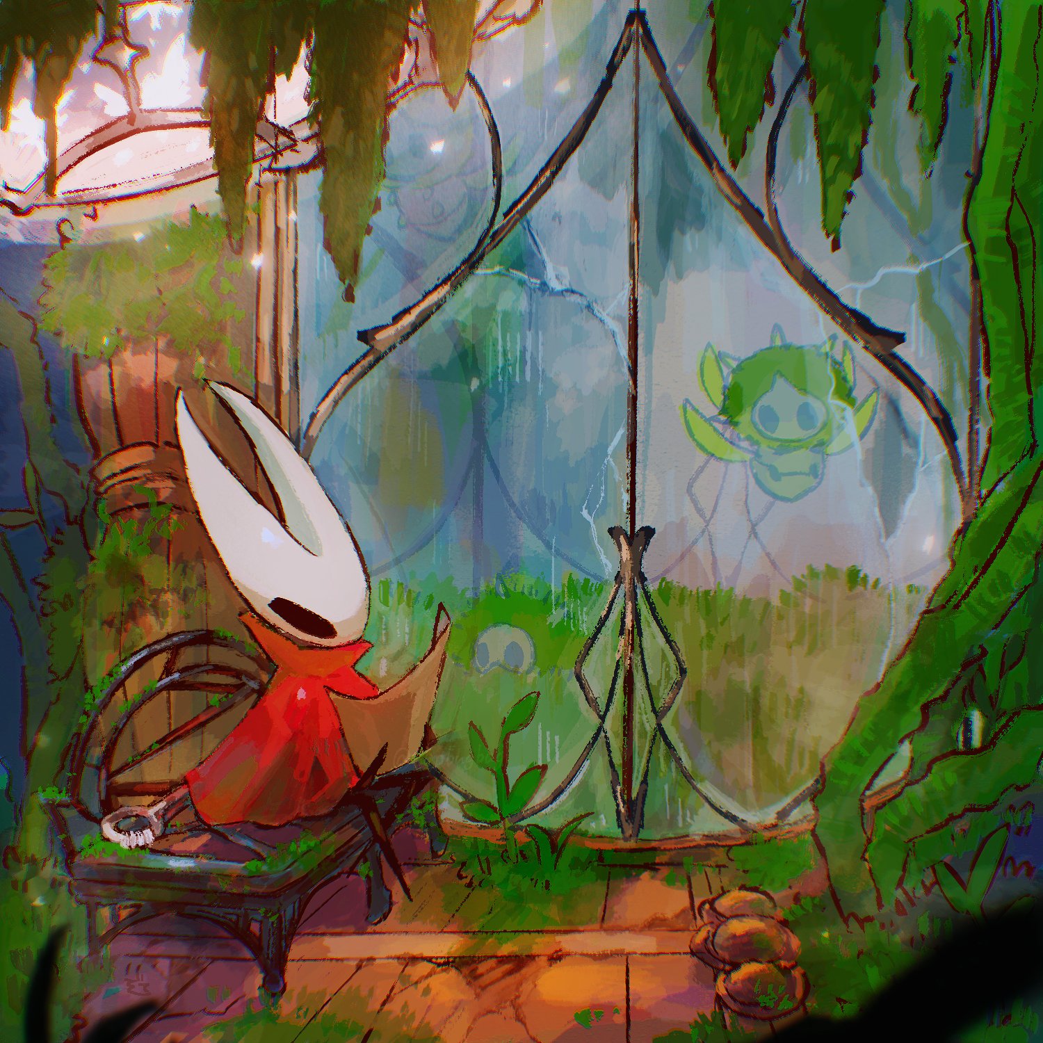 blipbugbug, hornet (hollow knight), mossgrub (hollow knight), hollow knight, hollow knight: silksong, hashtag-only commentary, highres, 1girl, arthropod girl, bench, black eyes, black skin, bug, butterfly, cloak, colored skin, crack, cracked glass, full body, holding, holding map, hollow eyes, horned mask, horns, in-universe location, indoors, insect, leaf, map, mask, moss, mossmir (hollow knight), needle (hollow knight), plant, reading, red cloak, sitting, vines, weapon