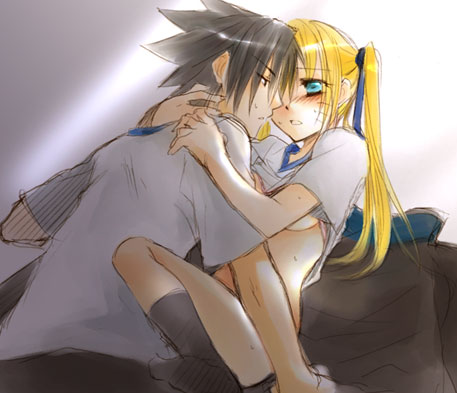 mako (omega plus), naruko (naruto), uchiha sasuke, uzumaki naruto, naruto (classic), naruto (series), black legwear, lowres, 1boy, 1girl, black eyes, black hair, blonde hair, blue eyes, blue ribbon, blue shirt, blush, bottomless, breasts, casual, clothes lift, couple, eye contact, facial mark, facing another, genderswap, genderswap (mtf), gym uniform, hair ornament, hair ribbon, hair tie, half-closed eyes, hands up, hetero, hug, imminent penetration, leaning forward, leaning in, long hair, looking at another, matching hair/eyes, medium breasts, multicolored shirt, no bra, no panties, parted lips, partially undressed, ribbon, shirt, shirt lift, short hair, socks, spiked hair, spread legs, sweat, sweatdrop, t-shirt, teeth, twintails, underboob, whisker markings, whiskers, white shirt