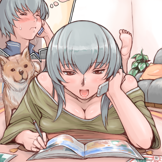 tsuda nanafushi, suigintou, rozen maiden, silver hair, 00s, aged up, bare shoulders, barefoot, blush, breasts, cellphone, cleavage, dog, large breasts, lying, off shoulder, on stomach, phone, reading, talking on phone