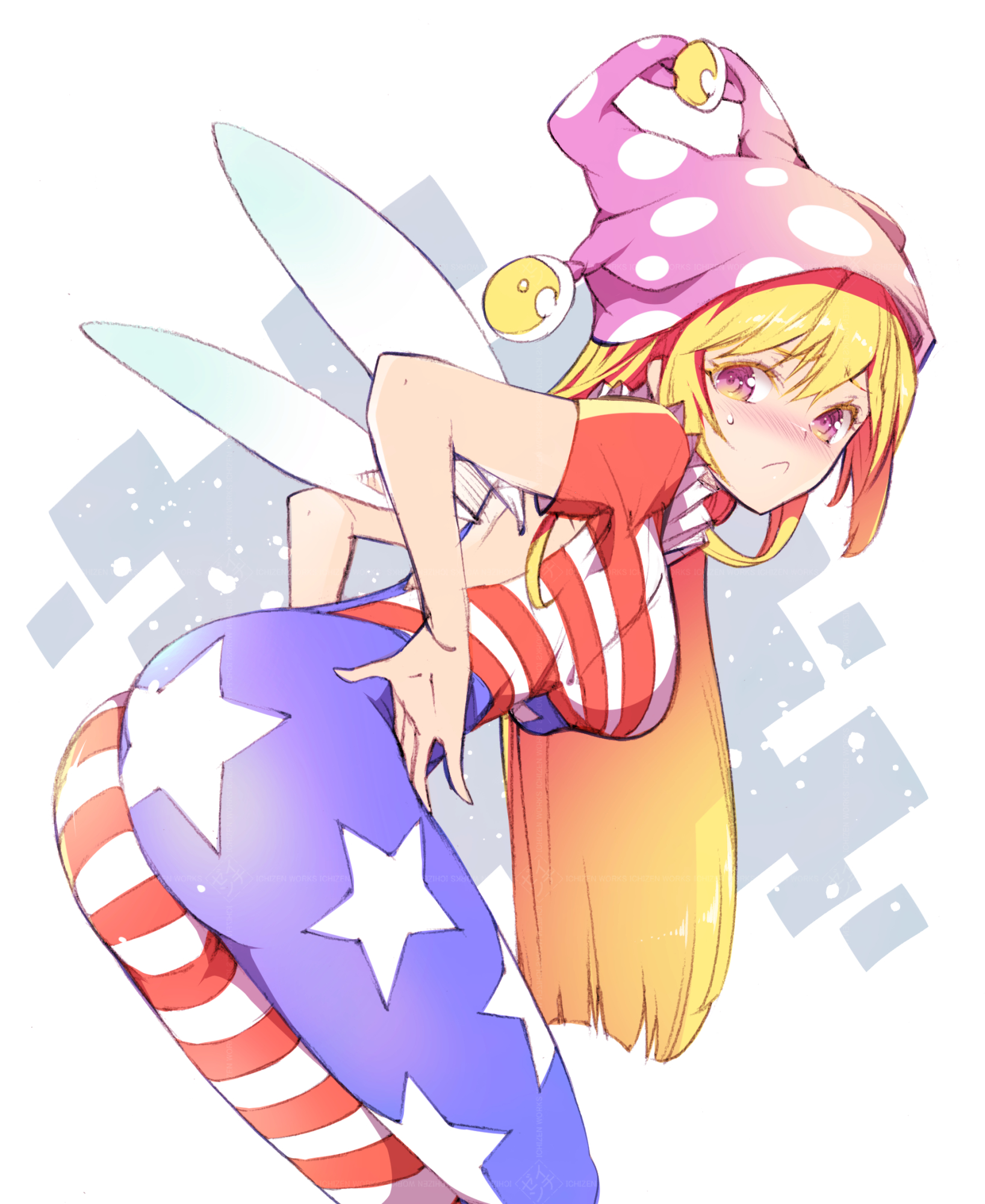 ichizen (o tori), clownpiece, touhou, commentary request, highres, 1girl, american flag, american flag legwear, american flag print, american flag shirt, ass, bare back, blonde hair, blush, breasts, fairy, fairy wings, flag print, from behind, frown, hands on own hips, hat, leaning forward, long hair, looking at viewer, looking back, medium breasts, one-hour drawing challenge, pink eyes, print shirt, shirt, solo, thighs, wings