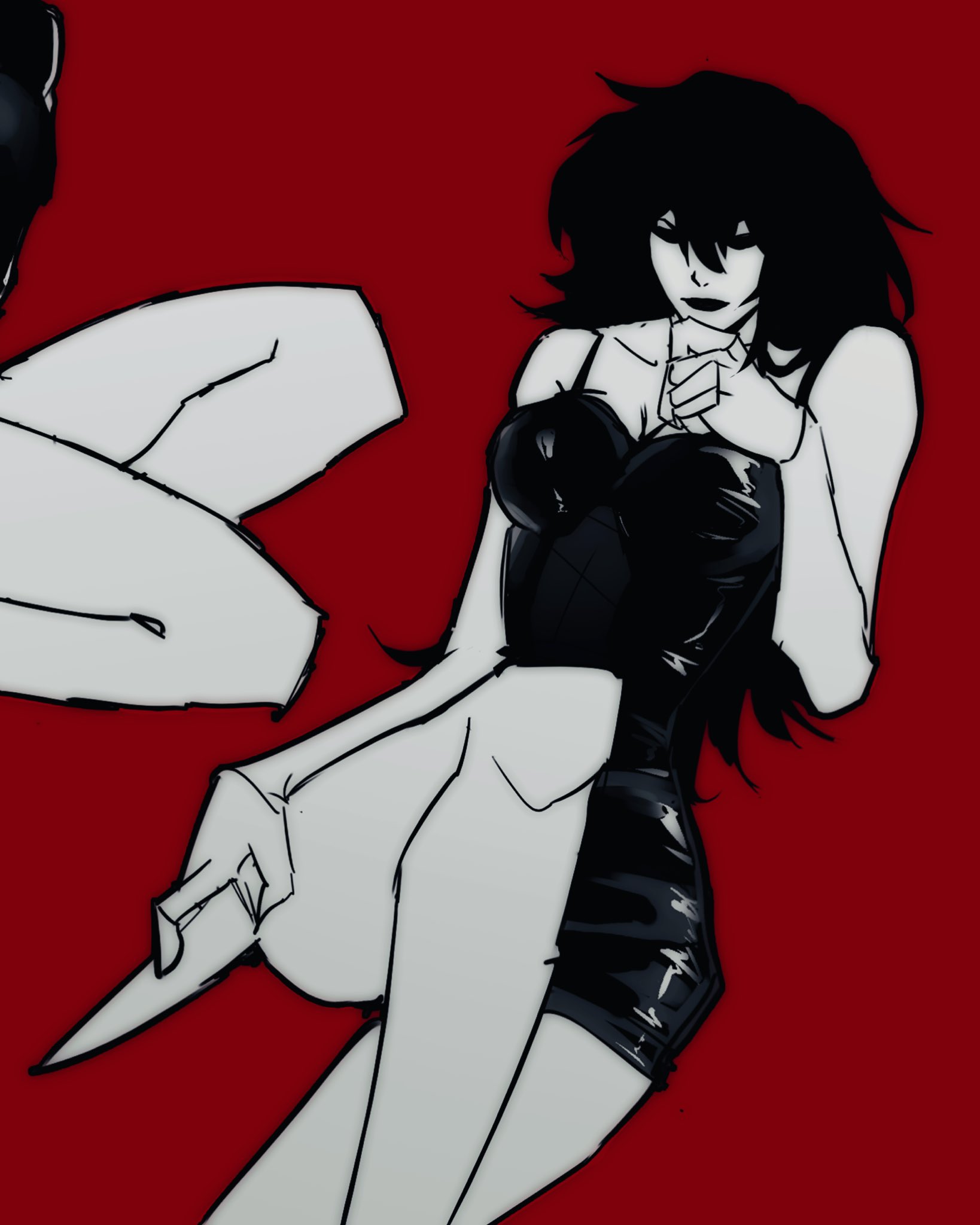 jane the killer, creepypasta, screencap, highres, 1girl, black dress, black eyes, black hair, black lips, breasts, cleavage, dress, empty eyes, feet out of frame, holding, holding knife, knee up, knife, messy hair, nekrottt, out of frame, smirk, solo, spaghetti strap