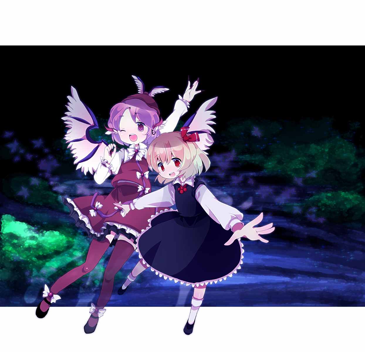 amo (shibu3), mystia lorelei, rumia, touhou, highres, 2girls, animal ears, blonde hair, earrings, female focus, fingernails, hair ribbon, hat, jewelry, long fingernails, multiple girls, nail (hardware), one eye closed, pink eyes, pink hair, red eyes, ribbon, short hair, thighhighs, wings, wink