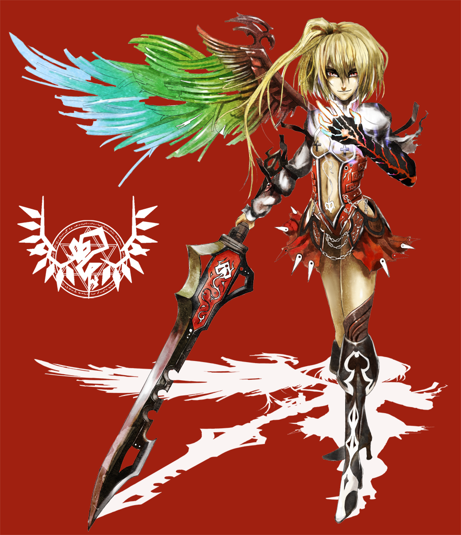 ross (clumzero), flandre scarlet, nero (devil may cry), capcom, devil may cry (series), devil may cry 4, embodiment of scarlet devil, touhou, 00s, 1girl, alternate wings, armor, blonde hair, chain, devil bringer, female focus, navel, ponytail, red eyes, shadow, short hair, short hair with long locks, side ponytail, solo, sword, weapon, wings