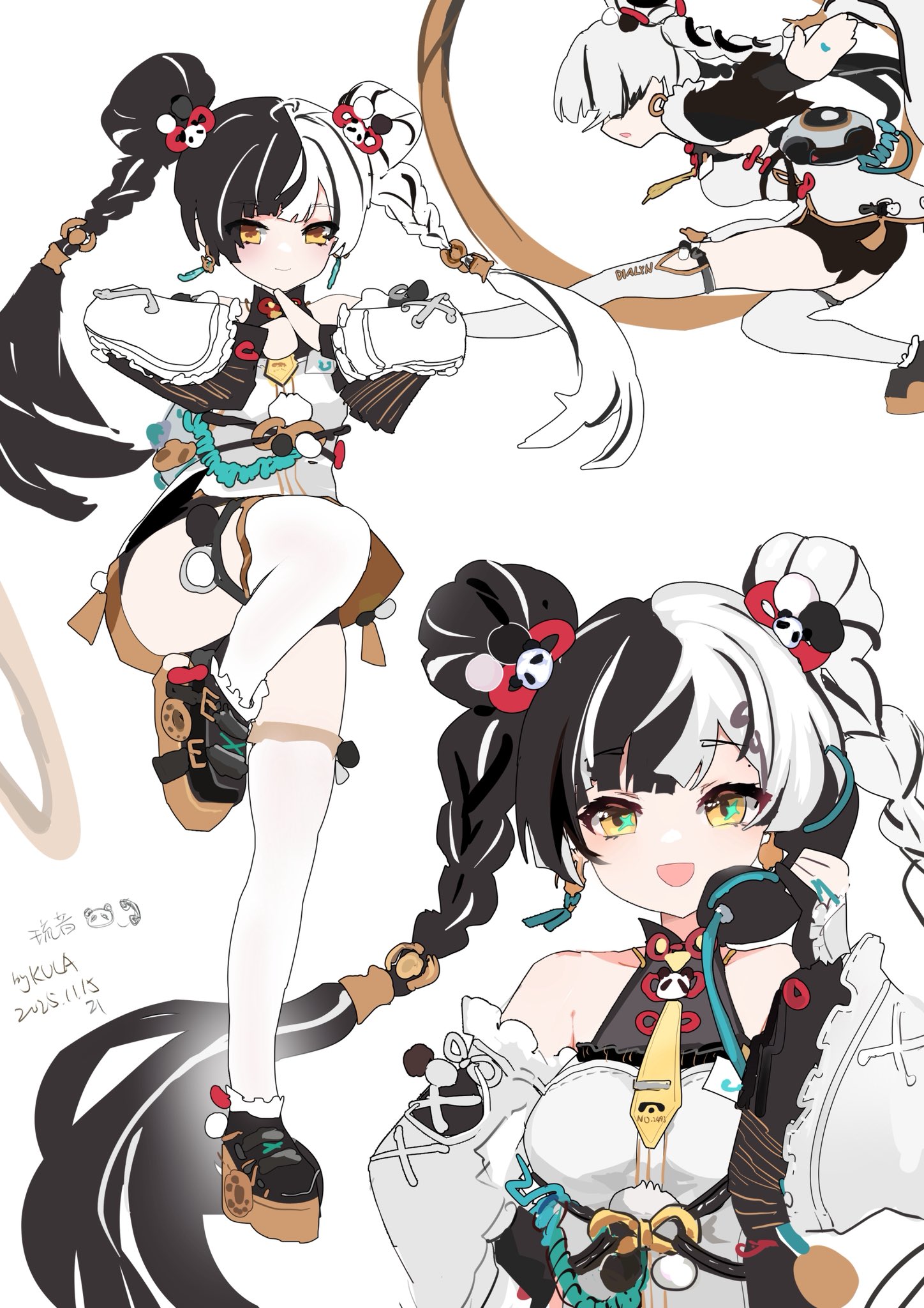 kkkula (kula), dialyn (zenless zone zero), zenless zone zero, hashtag-only commentary, highres, 1girl, artist name, bare shoulders, black hair, black shoes, braid, braided twintails, chakram, china dress, chinese clothes, closed mouth, collarbone, corded phone, dated, detached sleeves, double bun, dress, earrings, from side, full body, gloves, hair bun, hair extensions, hair ornament, hairclip, hand on own hip, holding, holding phone, id card, jewelry, long hair, looking at viewer, multicolored hair, multiple views, necktie, open mouth, palm-fist greeting, panda hair ornament, partially fingerless gloves, pelvic curtain, phone, ring hair extensions, shoes, simple background, smile, sparkling eyes, split-color hair, standing, standing on one leg, thighhighs, upper body, weapon, white background, white dress, white hair, white thighhighs, wire, yellow eyes, yellow necktie