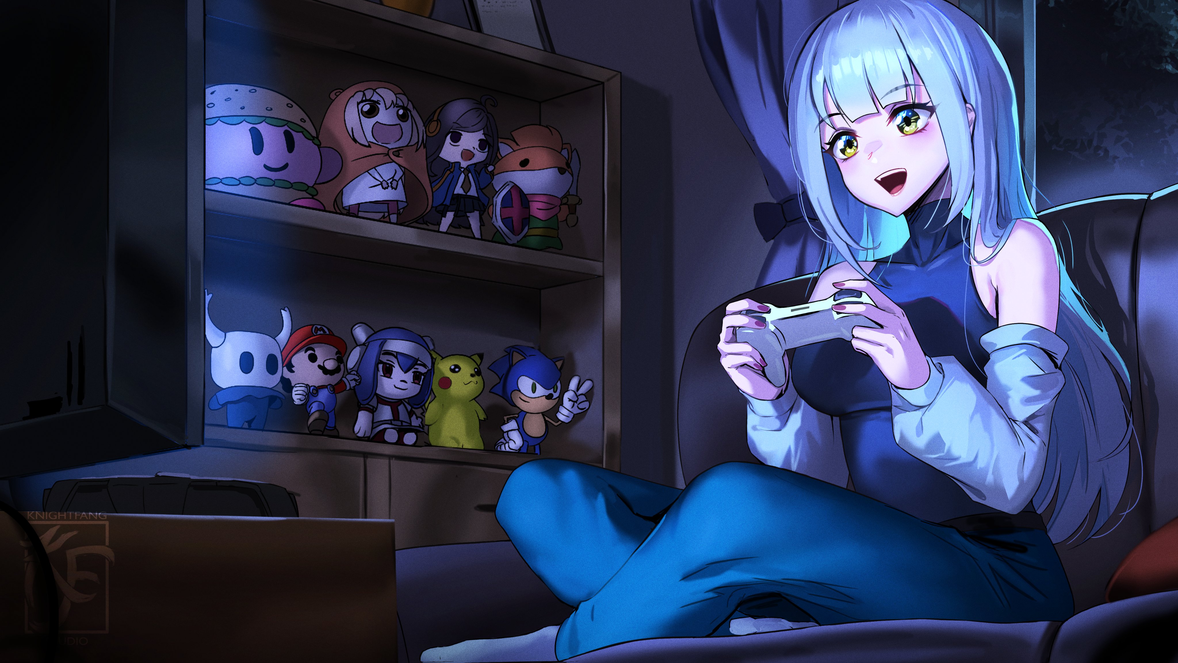 knightfang, mario, pikachu, sonic the hedgehog, original, absurdres, character request, highres, 1girl, artist logo, blue pants, breasts, character doll, controller, couch, covered collarbone, crossed legs, curtains, doll, game controller, gen 1 pokemon, green eyes, holding, holding controller, holding game controller, logo, long hair, on couch, open mouth, pants, purple nails, shadow, shirt, sitting, sleeveless, sleeveless shirt, socks, teeth, upper teeth only, white socks