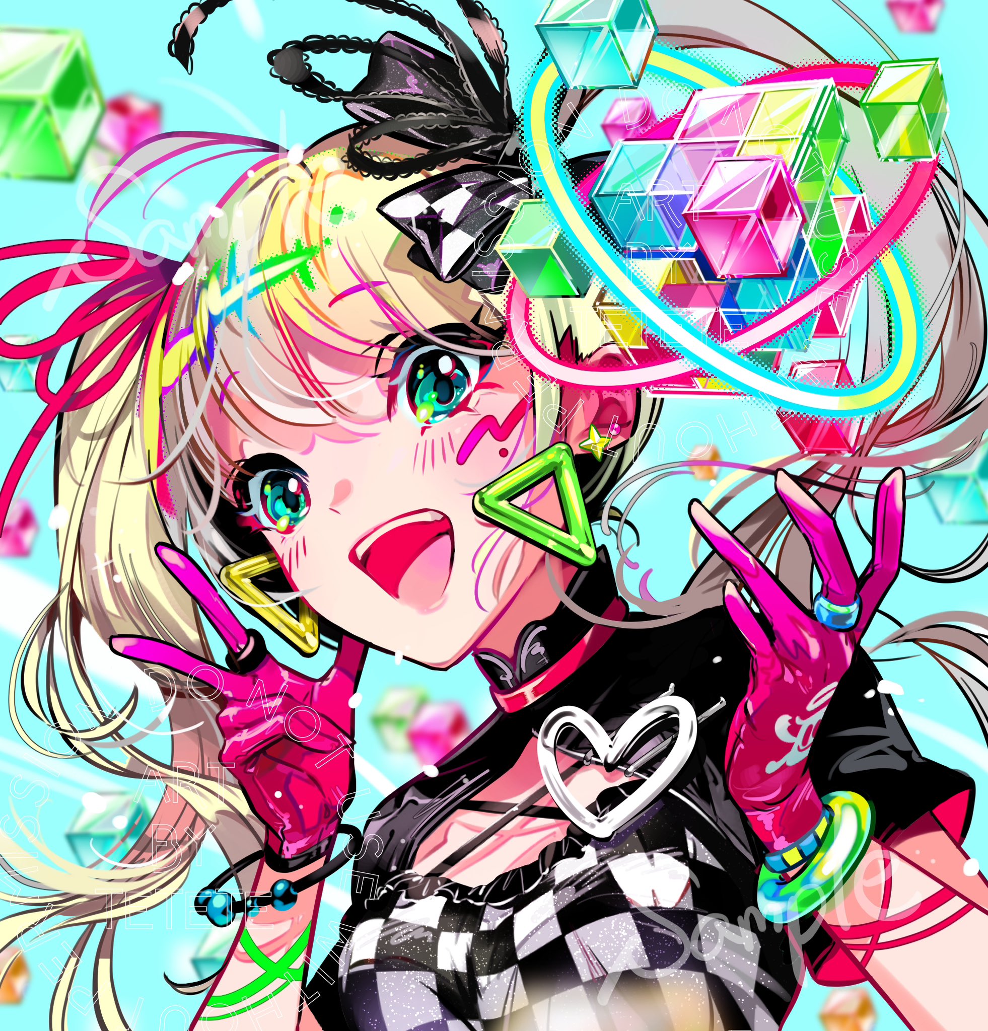 tetete (pooolsar), original, hashtag-only commentary, highres, 1girl, ahoge, aqua background, aqua eyes, black ribbon, bow, cube, earrings, gloves, hair ribbon, heart-shaped ornament, jewelry, long hair, looking at viewer, open mouth, pink gloves, red bow, ribbon, twintails, v, white hair