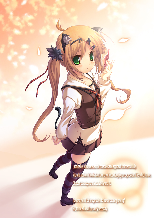 nekomu, original, source request, 1girl, animal ears, boots, cat ears, cat tail, english text, engrish text, female focus, green eyes, notebook, ranguage, school uniform, solo, striped clothes, striped thighhighs, tail, thighhighs, twintails