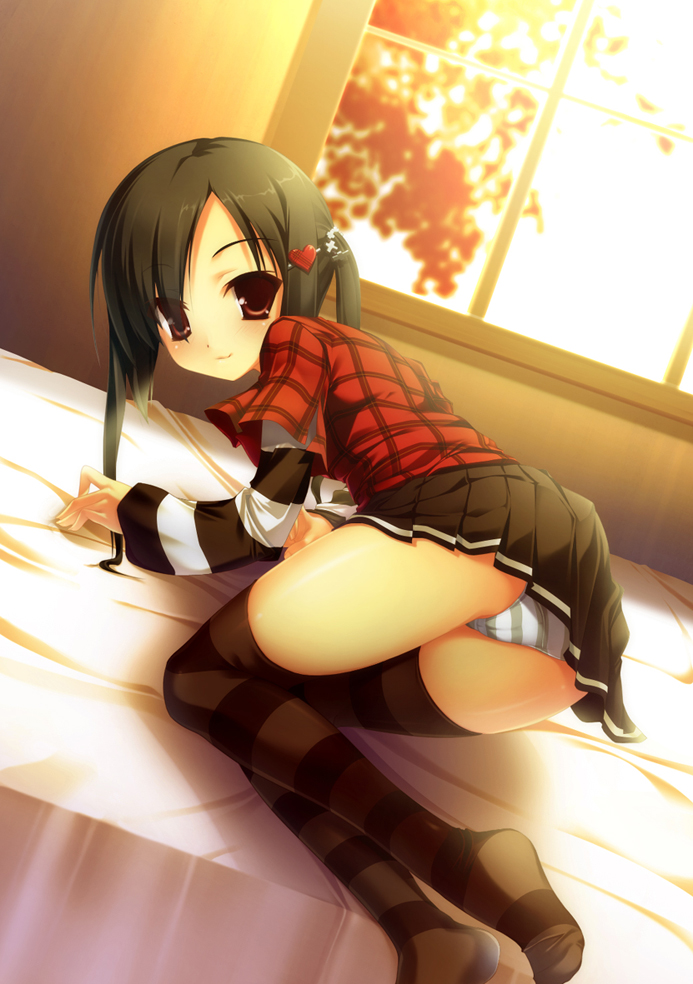 nekomu, original, source request, 1girl, all fours, ass, bed, bent over, black hair, blush, cameltoe, dutch angle, female focus, hair ornament, hairclip, heart, loli, looking back, panties, pantyshot, plaid clothes, plaid shirt, red eyes, shirt, skirt, smile, solo, striped clothes, striped panties, striped sleeves, striped thighhighs, thighhighs, twintails, underwear, upskirt, window, zettai ryouiki