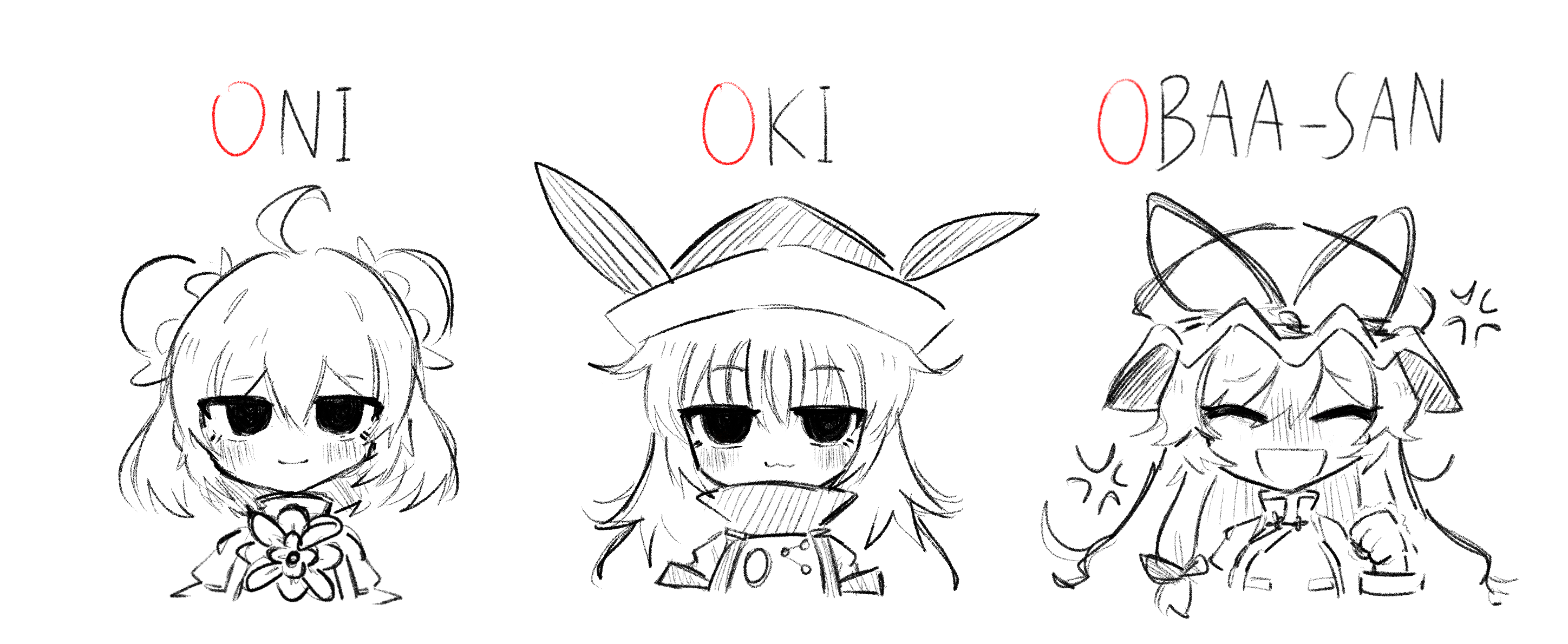 ibaraki kasen, matara okina, yakumo yukari, touhou, commentary, highres, 3girls, :3, :d, anger vein, angry, blush, clenched hand, closed mouth, double bun, dress, greyscale, hair between eyes, hair bun, hair ribbon, hat, long hair, looking at viewer, medium hair, mob cap, monochrome, multiple girls, oki7 (okinana07), open mouth, raised fist, ribbon, smile, tabard, upper body