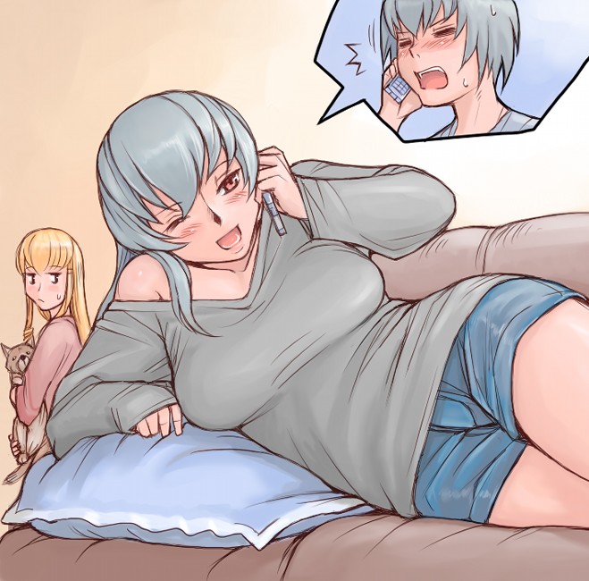 tsuda nanafushi, shinku, suigintou, rozen maiden, silver hair, 00s, 1boy, 2girls, aged up, blonde hair, breasts, casual, cellphone, dog, large breasts, lying, multiple girls, off shoulder, one eye closed, phone, shorts, talking on phone, wink