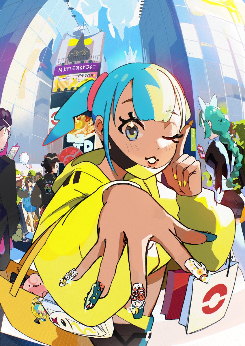 sugahri, canari (pokemon), chikorita, corbeau (pokemon), harmony (pokemon), jacinthe (pokemon), lebanne (pokemon), lida (pokemon), naveen (pokemon), paxton (pokemon), rotom, rotom phone, skrelp, staryu, swirlix, nintendo, pokemon, pokemon legends: z-a, highres, 3boys, 5girls, apron, aqua hair, bag, bag charm, black hair, black hat, black jacket, black mask, black pants, black romper, blonde hair, blue eyes, blue hoodie, blue sky, bow, braid, braided ponytail, brown hair, building, character charm, character doll, charm (object), cube hair ornament, dark-skinned female, dark-skinned male, dark skin, day, doll, dress, eyewear strap, fingernails, gen 1 pokemon, gen 2 pokemon, gen 4 pokemon, gen 6 pokemon, glasses, green hair, green jacket, hair ornament, hat, hood, hoodie, jacket, juliet sleeves, leggings, long braid, long hair, long sleeves, looking at viewer, lumiose city, maid apron, maid headdress, mask, mouth mask, multicolored hair, multiple boys, multiple girls, one eye closed, open clothes, open jacket, open mouth, orange leggings, outdoors, pants, pokemon (creature), prism tower, puffy sleeves, purple dress, purple hair, purple shirt, romper, shirt, shopping bag, short hair, short twintails, shoulder bag, sky, skyscraper, smile, split-color hair, striped hat, thighhighs, topknot, tree, twintails, two-tone hair, two-tone legwear, two-tone mask, very dark skin, white bow, white hat, white leggings, white shirt, white thighhighs, yellow jacket, yellow mask