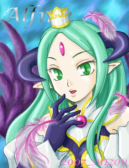 alfine, alfine (shinrabanshou), shinrabanshou, 1girl, arm warmers, crown, demon girl, demon tail, facial mark, feathers, female focus, forehead mark, gloves, green eyes, green hair, horns, long hair, matching hair/eyes, pointy ears, solo, tail, wings