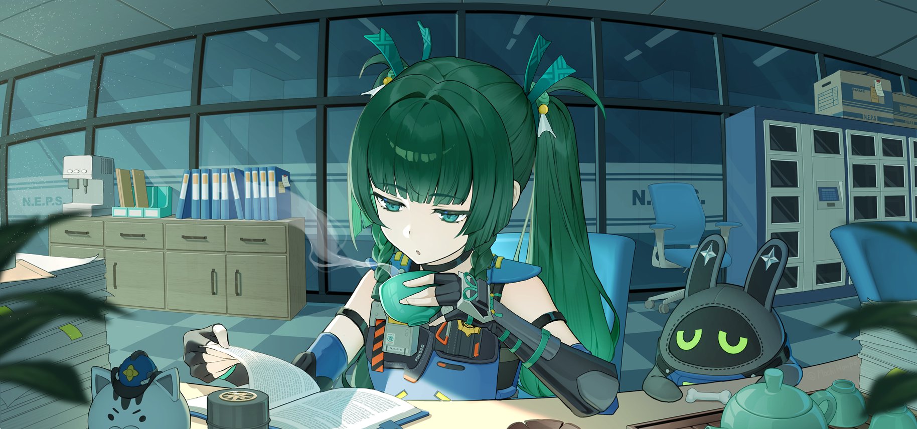 usamochi., bangboo (zenless zone zero), qingyi (zenless zone zero), zenless zone zero, commentary request, highres, 1girl, android, arm strap, black gloves, blurry, blurry foreground, book, box, braid, braided sidelocks, cardboard box, chair, coffee maker, cup, desk, fingerless gloves, folder, gloves, green eyes, green hair, half-closed eyes, holding, holding cup, indoors, long hair, looking down, office, office chair, officer cui (zenless zone zero), on chair, open mouth, paper stack, pile of books, plant, police, police badge, police uniform, policewoman, reading, shelf, side braids, sitting, solo focus, steam, swivel chair, tea, teapot, twintails, upper body