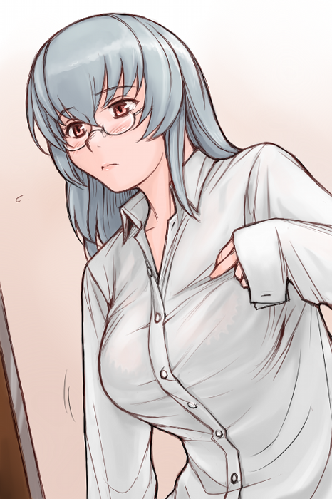 tsuda nanafushi, suigintou, rozen maiden, silver hair, 00s, aged up, breasts, dress shirt, glasses, large breasts, shirt, solo