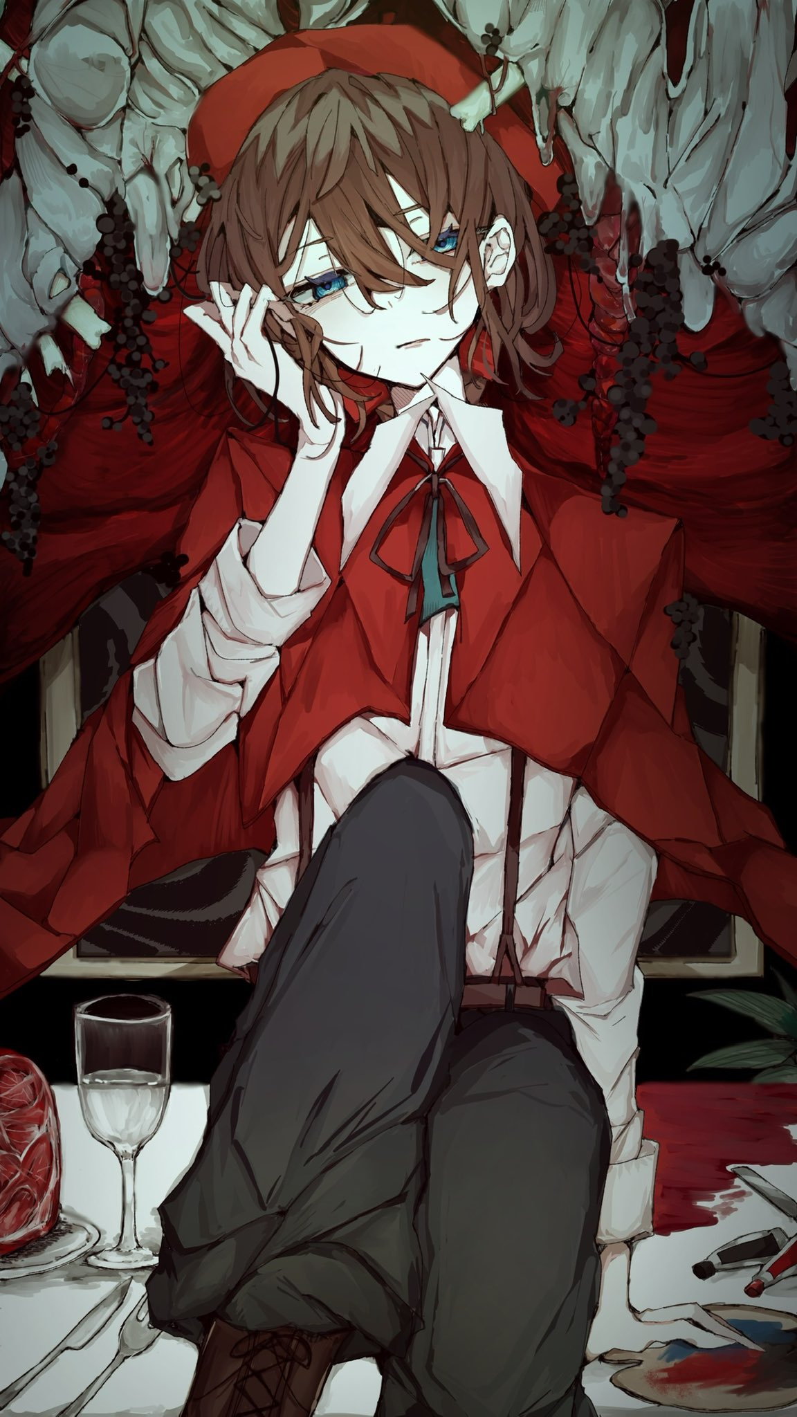 shiosan, edgar valden, identity v, archived source, highres, 1boy, androgynous, beret, black pants, black ribbon, blue eyes, boots, brown boots, brown hair, butter knife, capelet, cutlery, food, fork, frown, glass, hair between eyes, hat, head on hand, head rest, head tilt, knife, looking to the side, male focus, meat, neck ribbon, paint palette, paint tube, pale skin, pants, red capelet, red hat, ribbon, shirt, sitting, sitting on table, solo, suspenders, white shirt