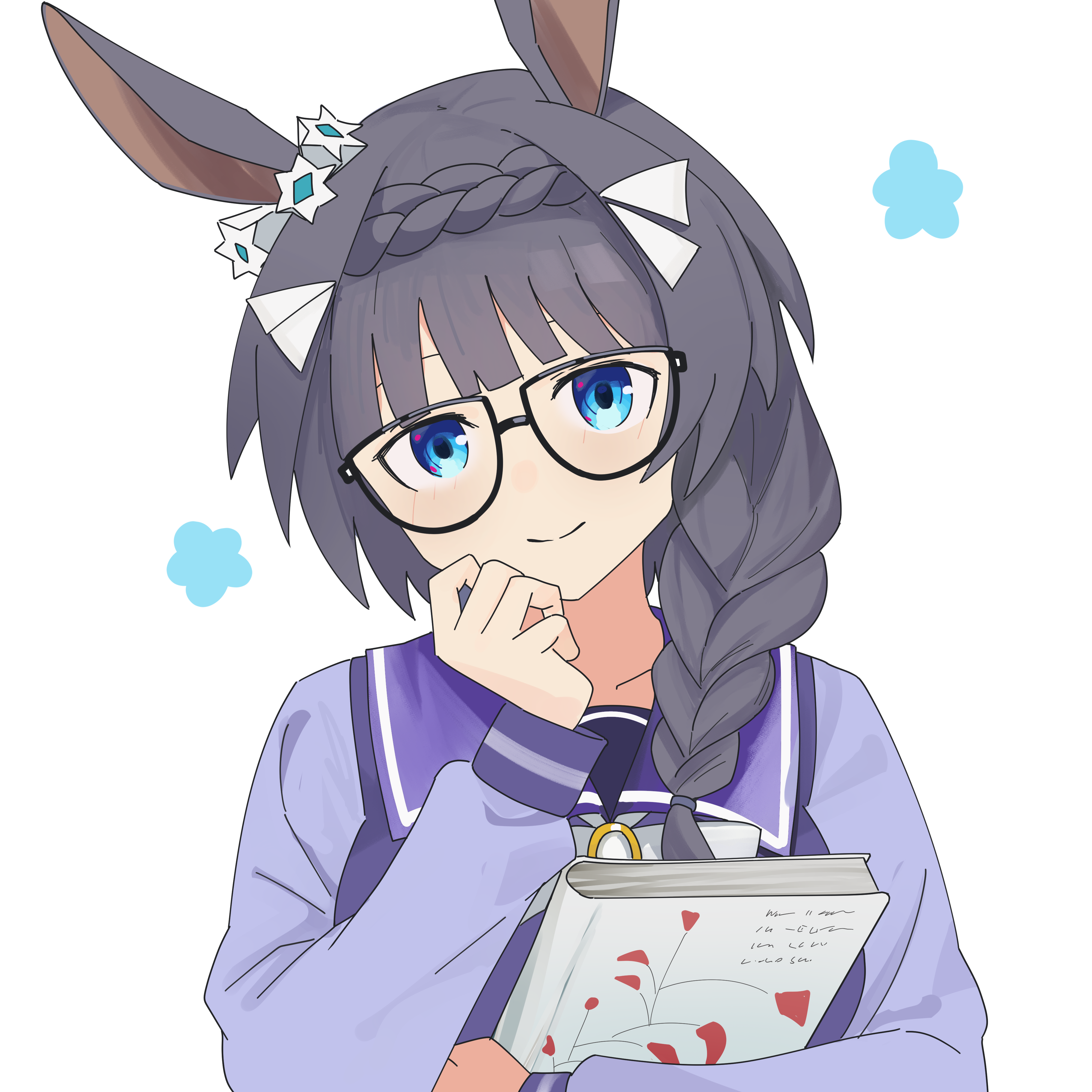 myticalcat, zenno rob roy (umamusume), umamusume, absurdres, highres, 1girl, animal ears, black hair, blue eyes, blush, book, bow, bowtie, braid, breasts, closed mouth, crown braid, glasses, hair over shoulder, holding, holding book, horse ears, horse girl, long hair, long sleeves, looking at viewer, purple sailor collar, purple serafuku, purple shirt, sailor collar, sailor shirt, school uniform, serafuku, shirt, smile, solo, tracen school uniform, upper body, white bow, white bowtie