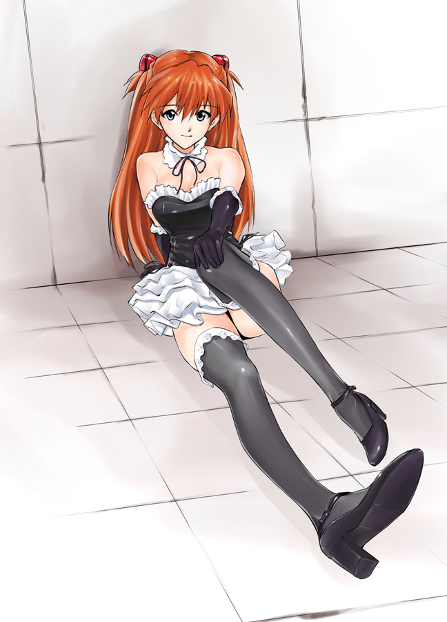 maruyama, souryuu asuka langley, neon genesis evangelion, 1girl, bare shoulders, black thighhighs, choker, dress, elbow gloves, female focus, frills, gathers, gloves, gothic lolita, hair ornament, hairclip, high heels, legs, lolita fashion, maid, orange hair, shoes, skirt, solo, thighhighs, upskirt, zettai ryouiki