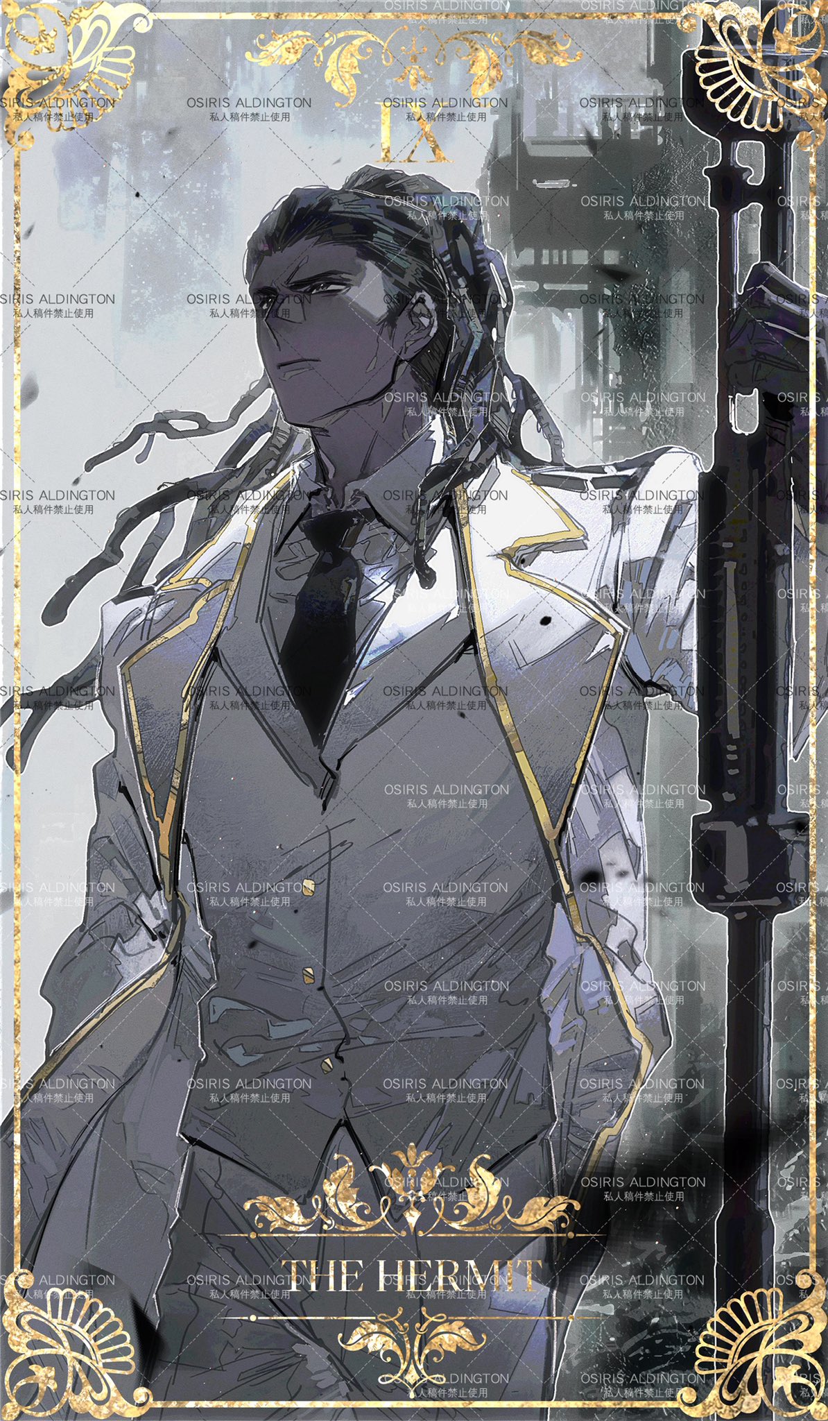 olivier (project moon), library of ruina, project moon, highres, 1boy, balcony, black gloves, black hair, black necktie, border, coat, collared shirt, dark-skinned male, dark skin, dreadlocks, duanxiaosheng1, furrowed brow, gloves, gold trim, hand in pocket, holding, holding weapon, long hair, male focus, necktie, ornate border, outdoors, planted, serious, shirt, skyline, solo, tarot, the hermit (tarot), too many watermarks, very long hair, vest, watermark, weapon, white coat, white shirt, white vest