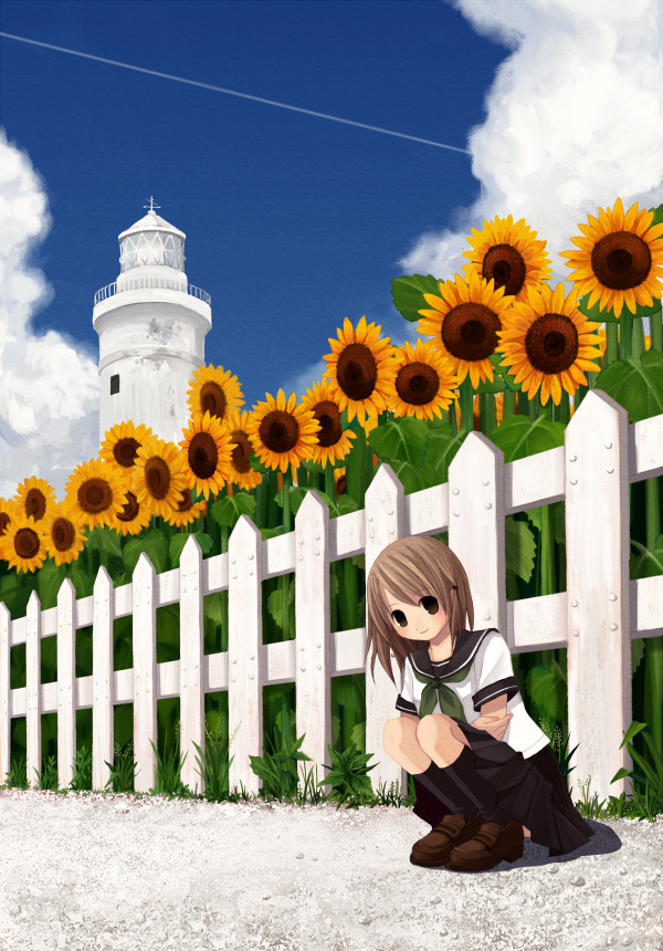 tozaki makoto, original, 1girl, brown hair, crossed arms, day, female focus, fence, flower, kneehighs, lighthouse, outdoors, school uniform, serafuku, short hair, smile, socks, solo, squatting, sunflower