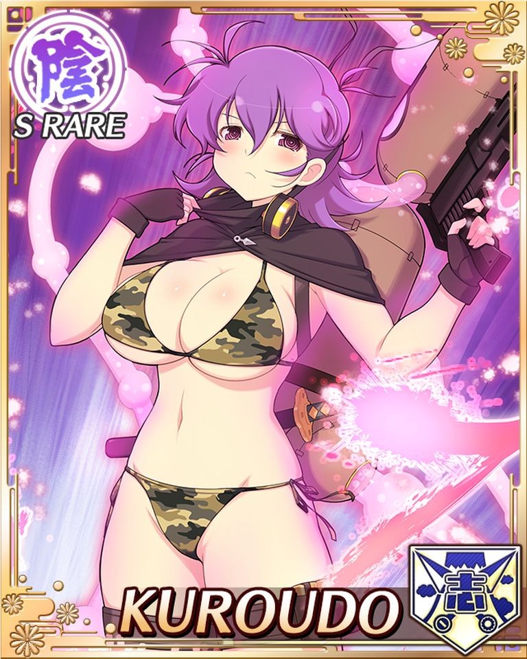 kuroudo (senran kagura), senran kagura, senran kagura new wave, game cg, non-web source, official art, 1girl, backpack, bag, bikini, black mask, border, breasts, camouflage, camouflage bikini, card (medium), cleavage, closed mouth, english text, fingerless gloves, frown, gloves, groin, gun, hair between eyes, holding, holding gun, holding weapon, hose, kunai, large breasts, linea alba, looking at viewer, mask, medium hair, messy hair, micro bikini, mouth mask, navel, official alternate costume, poison, purple eyes, purple hair, removing mask, saya (scabbard), sheath, sheathed, short sword, side-tie bikini bottom, solo, swimsuit, sword, thigh strap, thighhighs, tsuba (guard), underboob, wakizashi, weapon