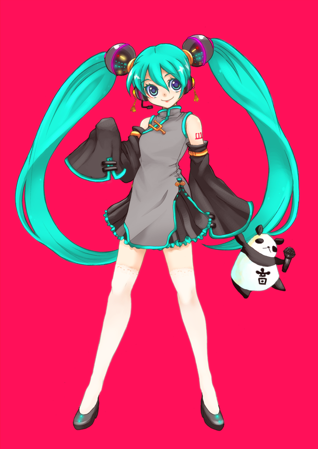shinryo, shinryou rei, hatsune miku, project diva, project diva (series), vocaloid, 1girl, aqua hair, blouse, blue eyes, china dress, chinese clothes, detached sleeves, dress, female focus, full body, grey shirt, headphones, headset, high heels, lolita fashion, long hair, microphone, miniskirt, necktie, pink background, qi lolita, shirt, shoes, simple background, skirt, sleeves past wrists, smile, solo, standing, stuffed animal, stuffed panda, stuffed toy, thighhighs, twintails, very long hair, zettai ryouiki