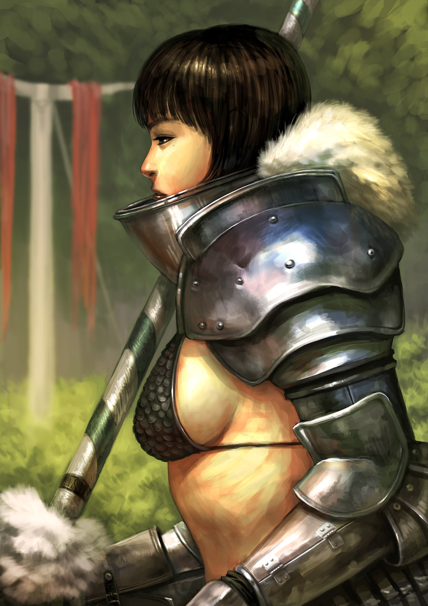 dcwj, fur, highres, 1girl, armor, bikini, bikini armor, bikini top only, black eyes, black hair, breasts, brown eyes, brown hair, female focus, lance, large breasts, lips, polearm, realistic, sideboob, solo, swimsuit, weapon