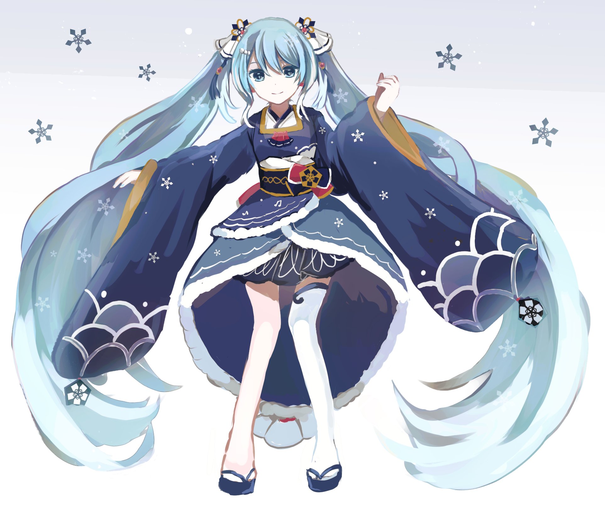 wakolenrin, hatsune miku, yuki miku, vocaloid, commentary request, highres, 1girl, aqua eyes, aqua hair, blue kimono, closed mouth, full body, fur-trimmed kimono, fur trim, hair between eyes, hair ornament, japanese clothes, kimono, long hair, single thighhigh, smile, snowflake print, snowflakes, solo, thighhighs, twintails, very long hair, white thighhighs