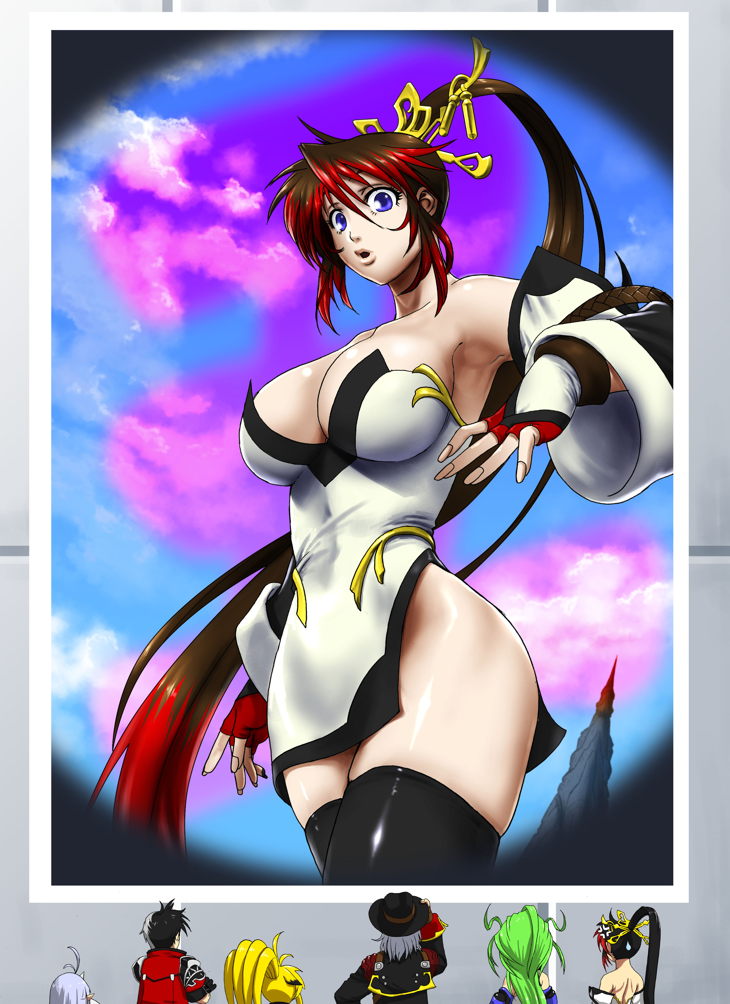 saitou kazue, arisu reiji, aschen brodel, harken browning, nanbu kaguya, suzuka hime, xiaomu, banpresto, super robot wars, super robot wars og saga mugen no frontier, absurdres, highres, 2boys, 4girls, armpits, black hair, black thighhighs, breasts, cleavage, detached sleeves, fingerless gloves, gloves, large breasts, long hair, multicolored hair, multiple boys, multiple girls, ponytail, red hair, thighhighs, two-tone hair, very long hair