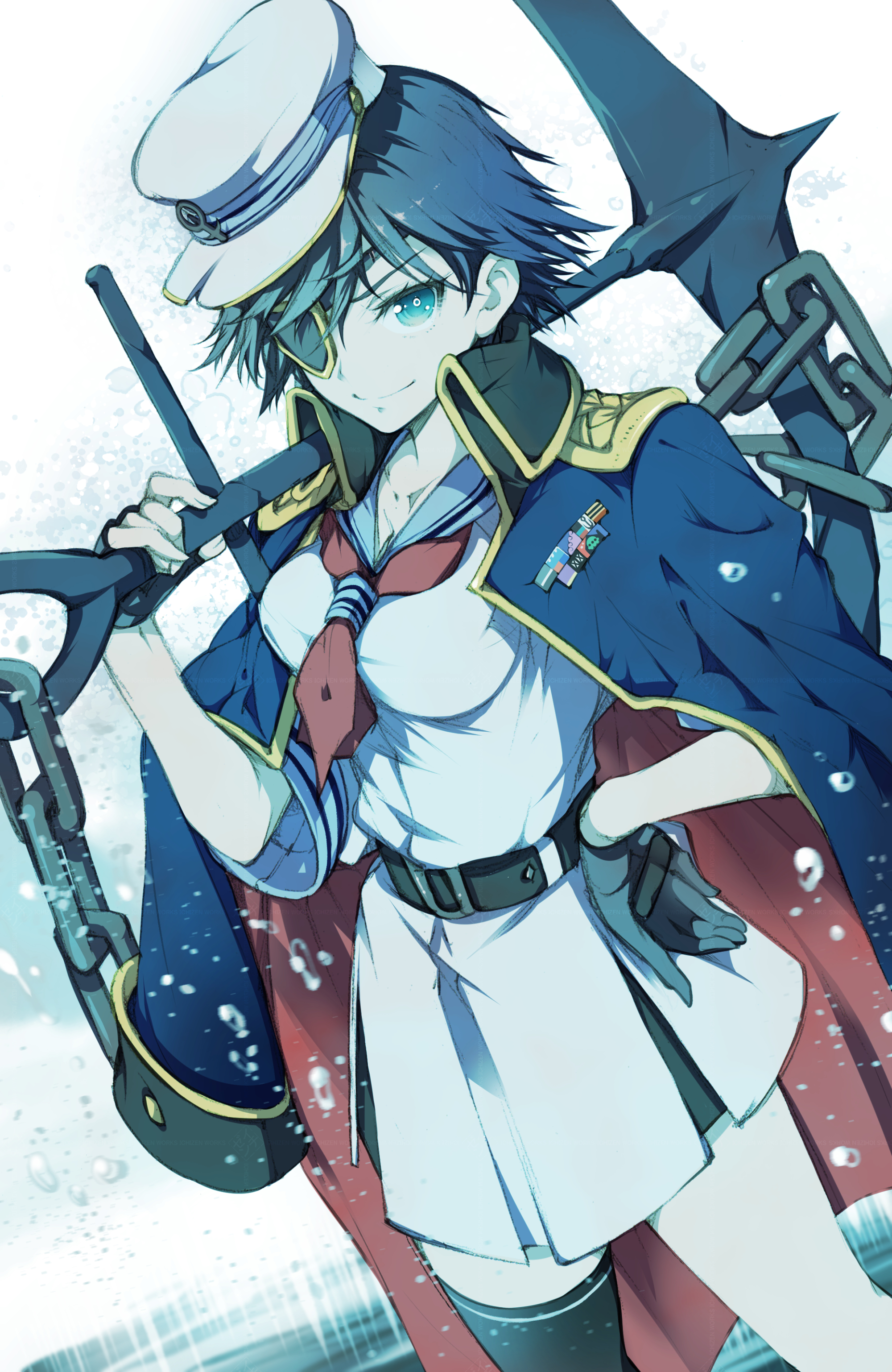 ichizen (o tori), murasa minamitsu, touhou, absurdres, commentary request, highres, 1girl, anchor, aqua eyes, belt, black gloves, black hair, blue jacket, breasts, dress, eyepatch, fingerless gloves, gloves, hand on own hip, hat, holding, holding anchor, jacket, jacket on shoulders, looking at viewer, medium breasts, short hair, single fingerless glove, single thighhigh, smile, solo, thighhighs, white dress