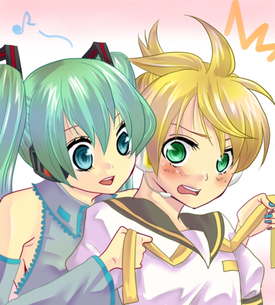 tamatasu, hatsune miku, kagamine len, vocaloid, bad id, bad pixiv id, aqua eyes, aqua hair, blonde hair, blush, detached sleeves, green eyes, headphones, headset, long hair, musical note, necktie, short hair, surprised, sweat, thighhighs, twintails, zettai ryouiki