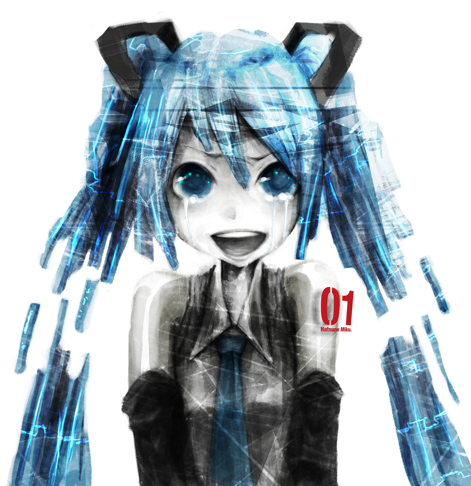 stom, yamori (stom), hatsune miku, hatsune miku no shoushitsu (vocaloid), vocaloid, highres, 1girl, blue eyes, blue hair, crying, crying with eyes open, detached sleeves, digital dissolve, female focus, long hair, matching hair/eyes, monochrome, necktie, smile, solo, spot color, tears, twintails, white background