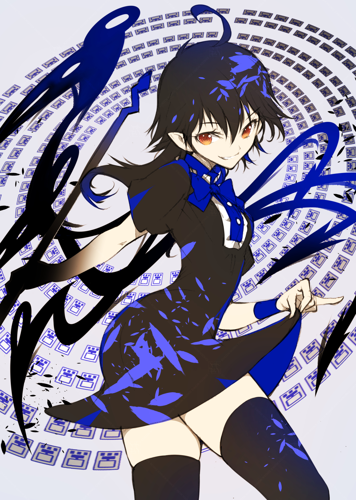 ichizen (o tori), houjuu nue, touhou, commentary request, highres, 1girl, asymmetrical wings, black dress, black hair, black thighhighs, clothes lift, danmaku, dress, dress lift, grin, looking at viewer, medium hair, one-hour drawing challenge, orange eyes, pointy ears, short sleeves, smile, solo, teeth, thighhighs, thighs, wings, zettai ryouiki