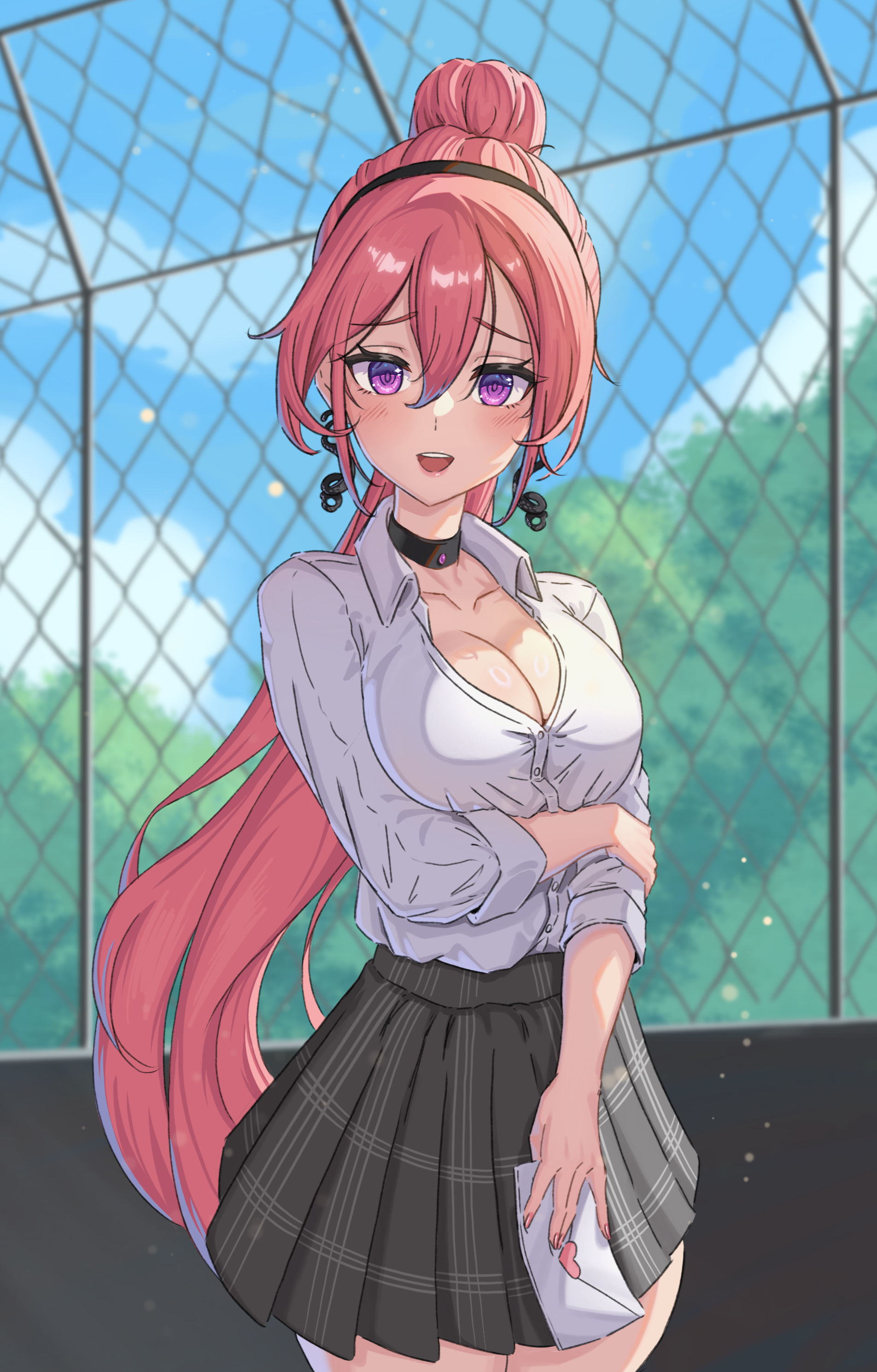 emmettart, runie ruse, phase connect, absurdres, highres, 1girl, arm under breasts, black choker, breasts, chain-link fence, choker, cleavage, cloud, collarbone, collared shirt, earrings, fence, grey skirt, holding, holding letter, jewelry, letter, long hair, open mouth, pink hair, plaid clothes, plaid skirt, pleated skirt, purple eyes, shirt, skirt, sky, snake earrings, solo, virtual youtuber, white shirt