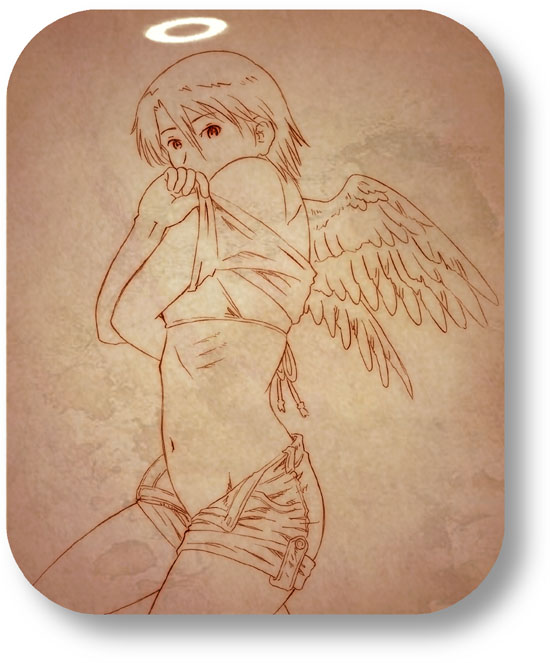 aaru sentou shuudan, kana, kana (haibane renmei), haibane renmei, 00s, 1girl, bra, female focus, halo, lingerie, midriff, monochrome, navel, no panties, open clothes, open fly, open shorts, orange theme, rounded corners, short hair, shorts, solo, traditional halo, underwear, undressing, unzipped, wings