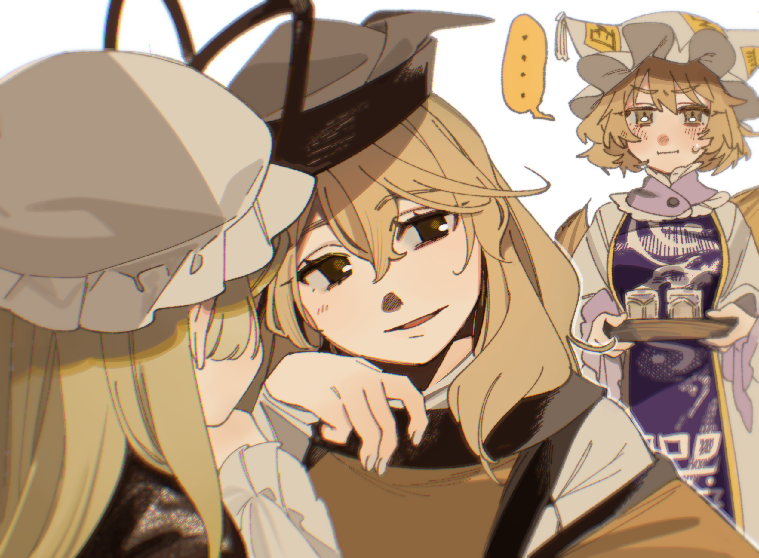 shi chimi, matara okina, yakumo ran, yakumo yukari, touhou, commentary request, highres, …, 3girls, :t, blue tabard, blush, detached sleeves, dress, fox girl, fox tail, hat, holding, holding tray, kitsune, kyuubi, long hair, medium hair, mob cap, multiple girls, multiple tails, parted lips, smile, speech bubble, sweatdrop, tabard, tail, tray, white background, white dress, yellow eyes, yellow tabard