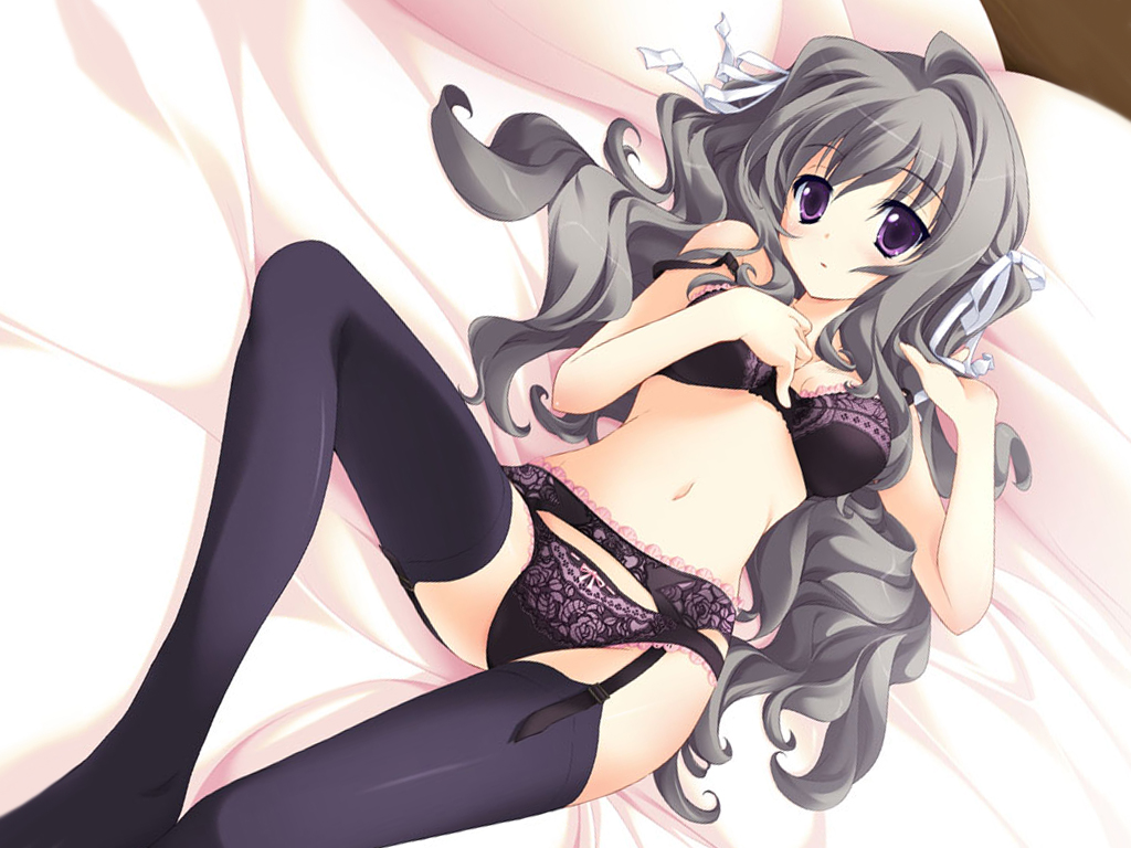 lucie, ruchie, utsumi shizuna, koiiro soramoyou, 1girl, bed sheet, black bra, black panties, black thighhighs, blush, bow, bow panties, bra, female focus, frilled panties, frills, garter belt, grey hair, hair ribbon, lingerie, long hair, looking at viewer, lying, on back, panties, purple eyes, ribbon, solo, thighhighs, underwear, underwear only