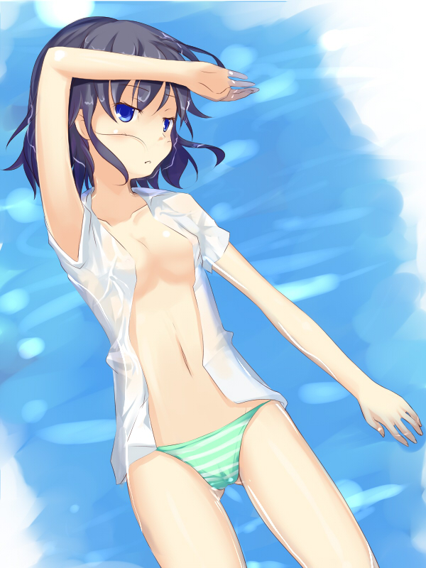 kuro (be ok), original, hand on forehead, bad id, bad pixiv id, 1girl, afloat, black hair, blue eyes, breasts, female focus, medium breasts, navel, no bra, open clothes, open shirt, panties, partially submerged, shirt, short hair, solo, striped clothes, striped panties, underwear, water, wet