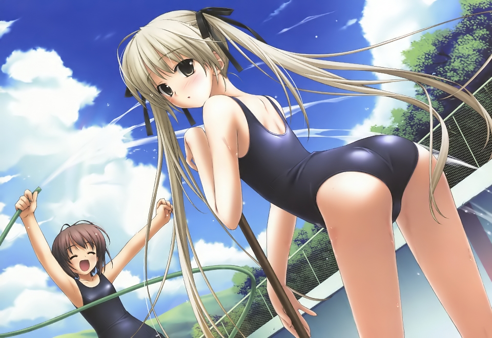 hashimoto takashi, amatsume akira, kasugano sora, yosuga no sora, game cg, 2girls, :o, armpits, arms up, ass, blonde hair, blush, brown hair, chain-link fence, closed eyes, cloud, day, dutch angle, fence, flat chest, grey eyes, hair ribbon, happy, hose, leaning forward, long hair, looking back, multiple girls, one-piece swimsuit, ribbon, school swimsuit, short hair, swimsuit, twintails, very long hair, water, wet